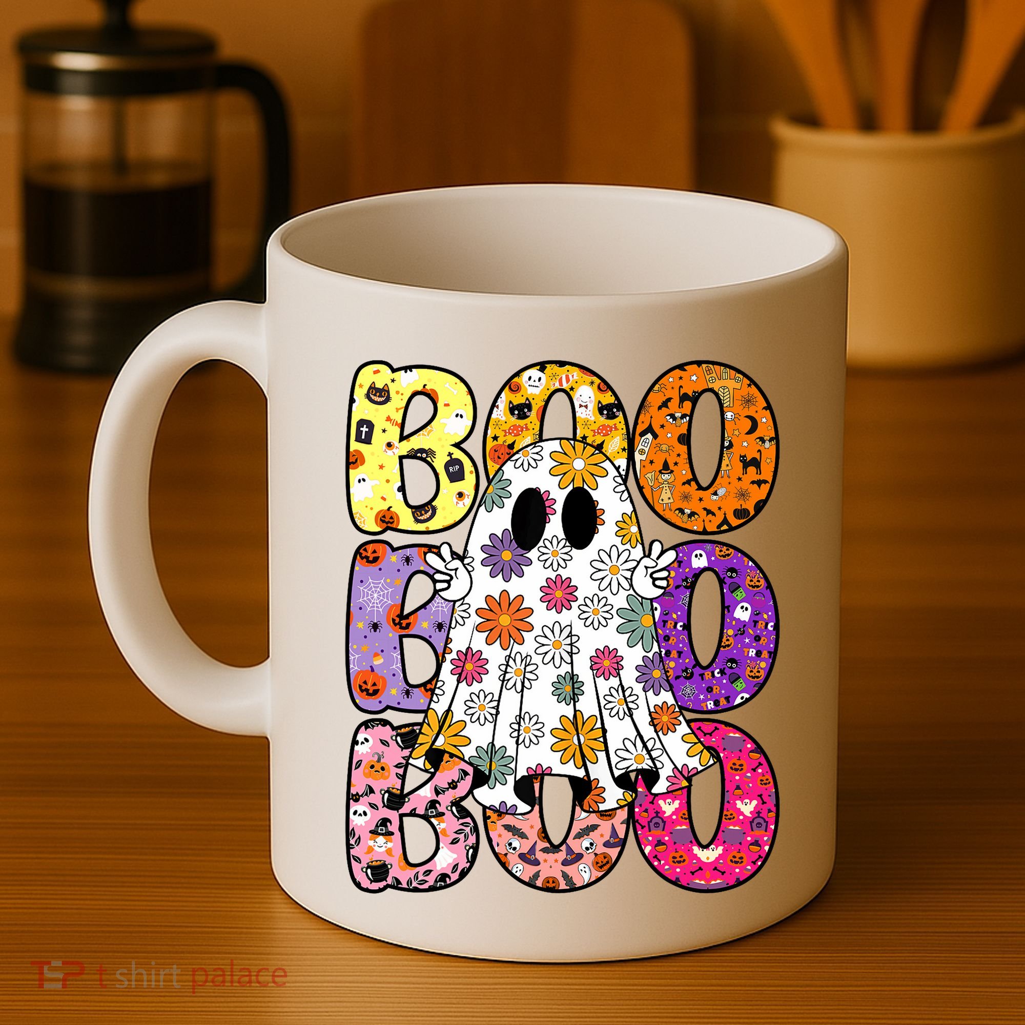Cute Ghost Floral Boo Halloween Boy Girl Ghost Spooky Season Coffee Mug