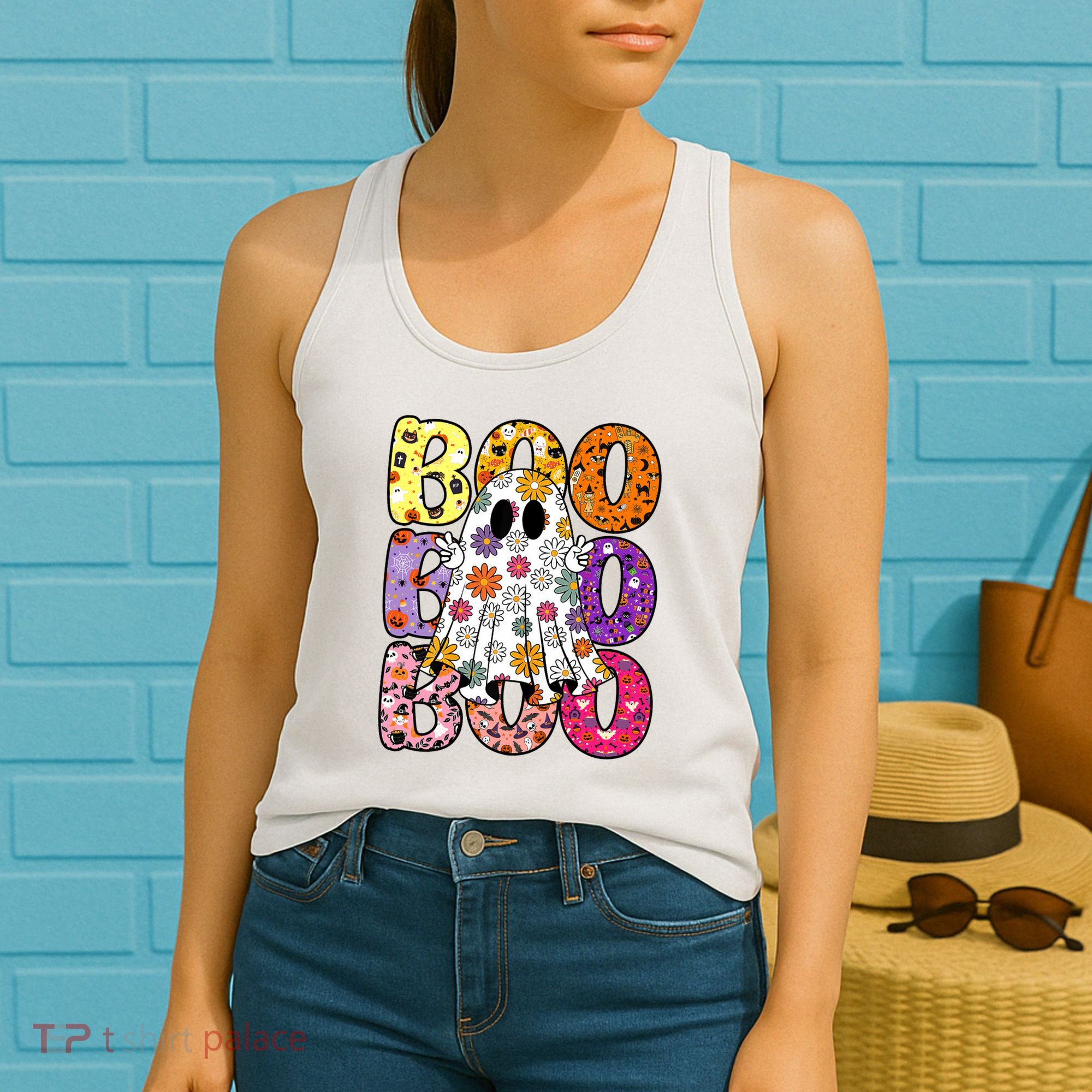 Cute Ghost Floral Boo Halloween Boy Girl Ghost Spooky Season Women's Tank Top