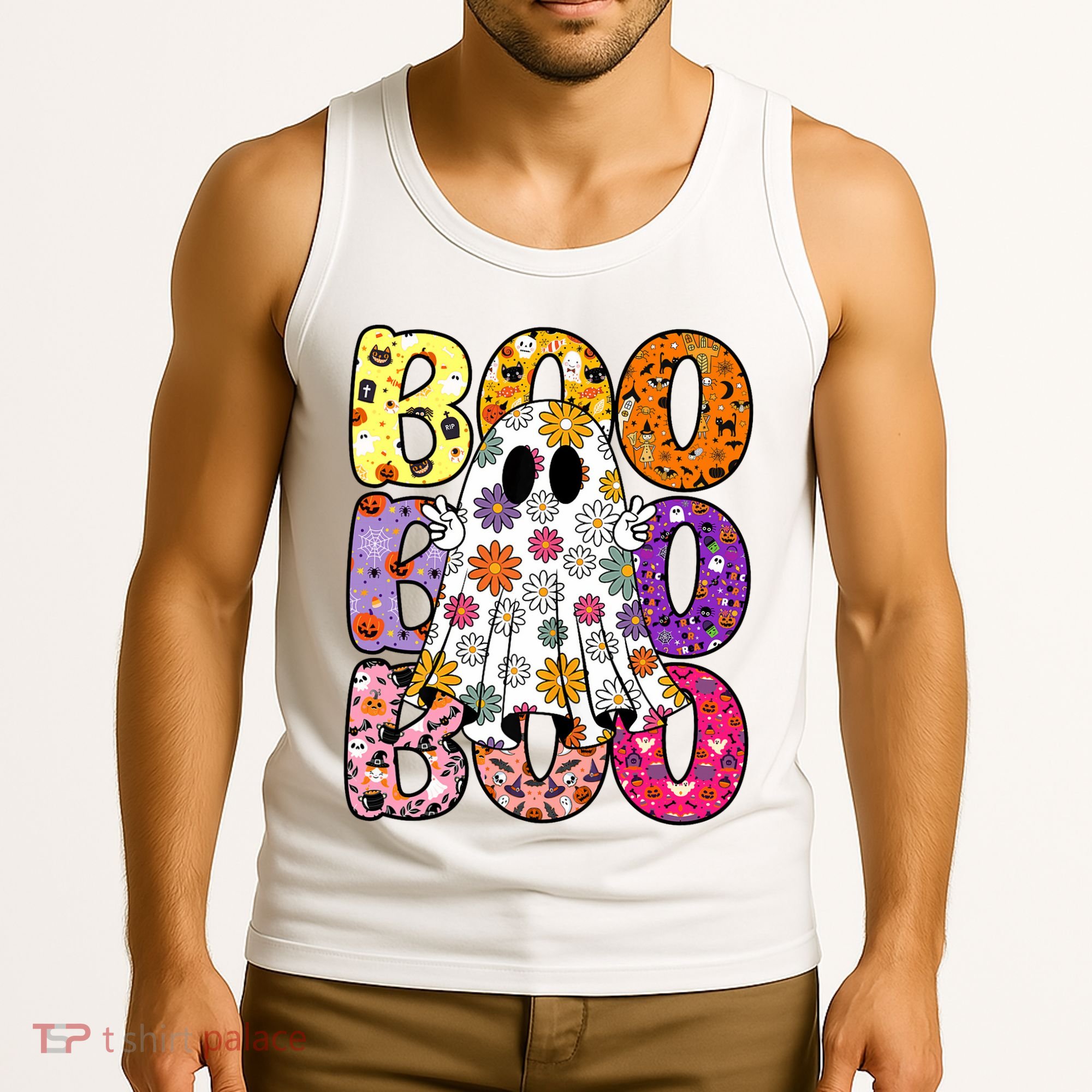 Cute Ghost Floral Boo Halloween Boy Girl Ghost Spooky Season Tank Top