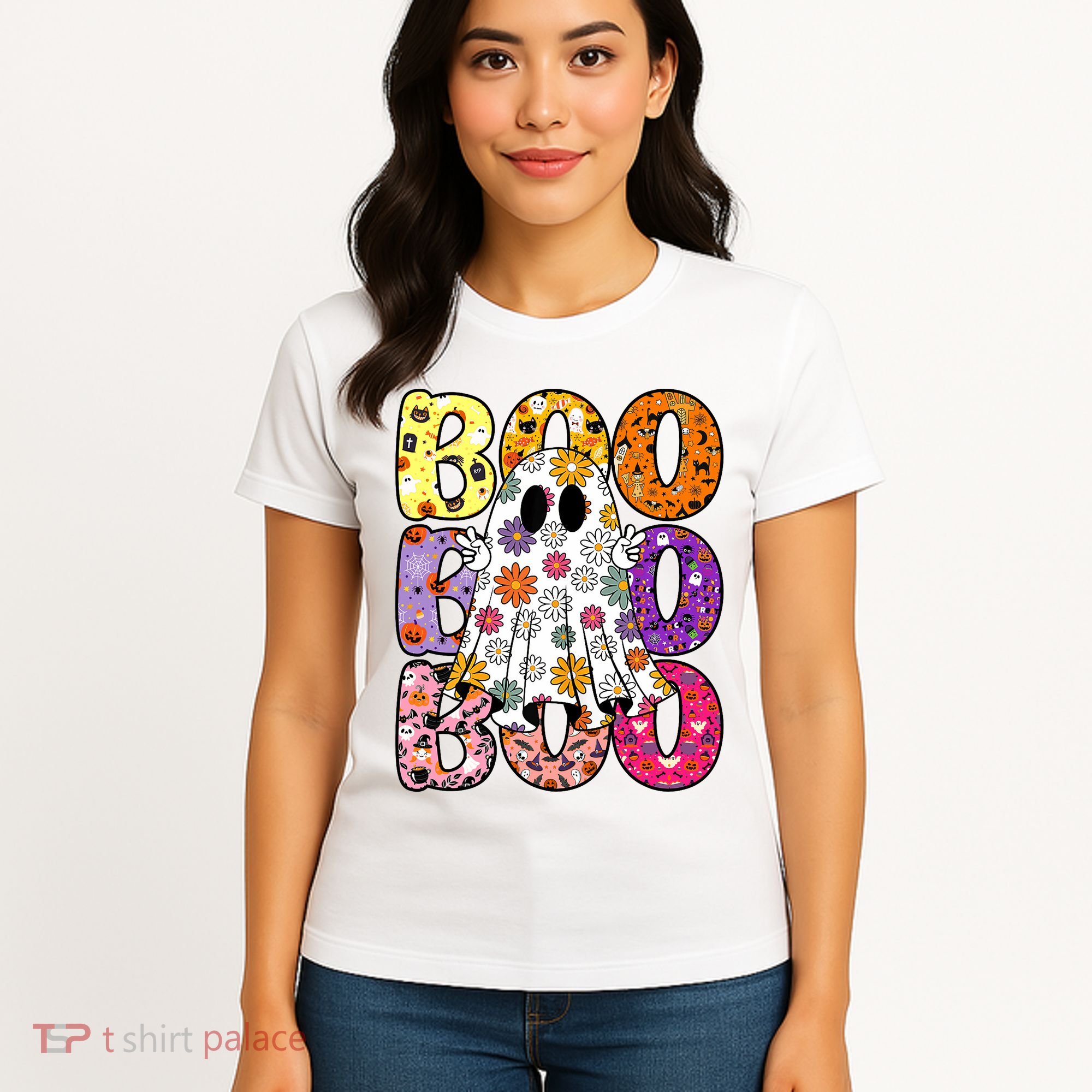 Cute Ghost Floral Boo Halloween Boy Girl Ghost Spooky Season Women's T-Shirt
