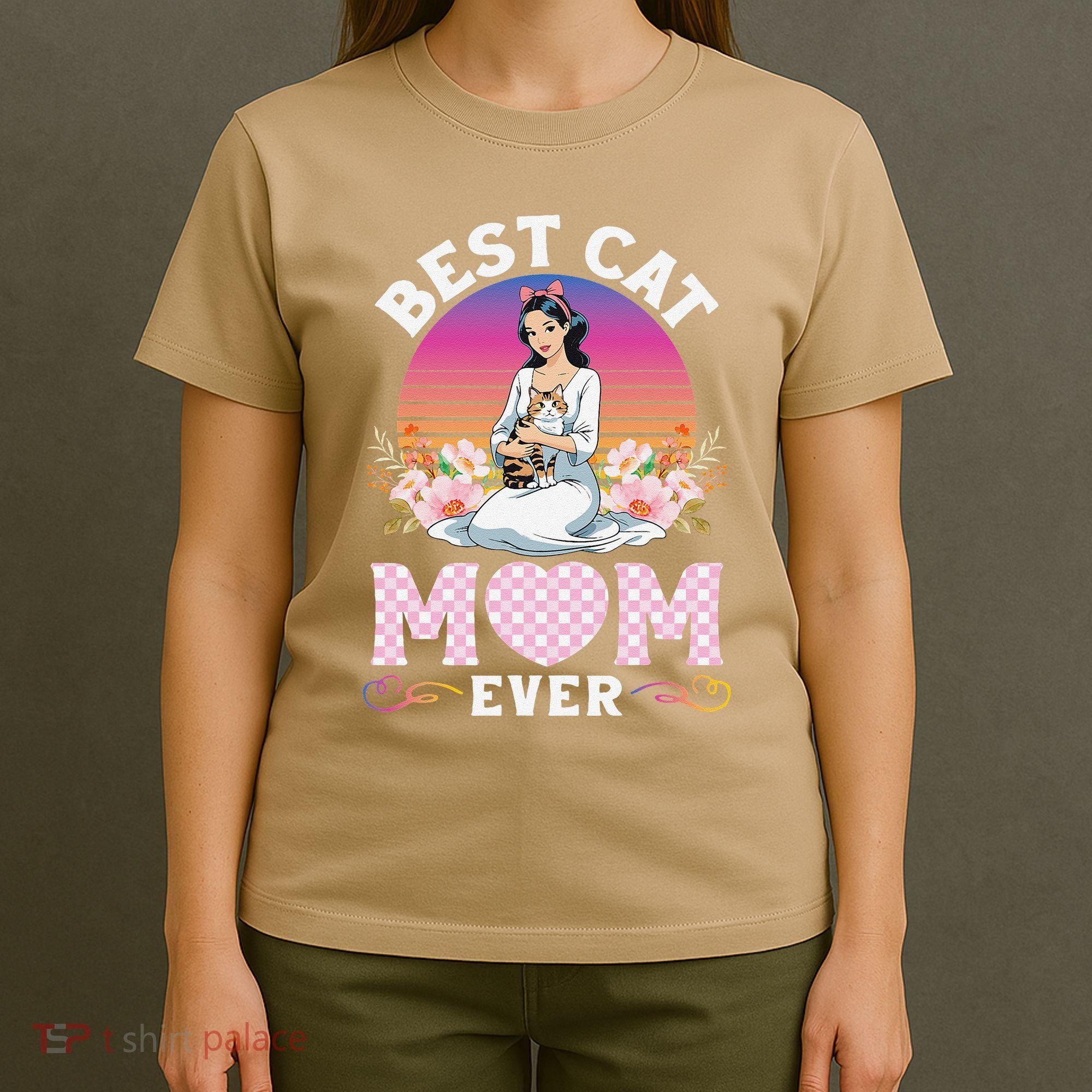 Cute Girl Hugging Oriental And Flowers Best Cat Mom Ever T-Shirt