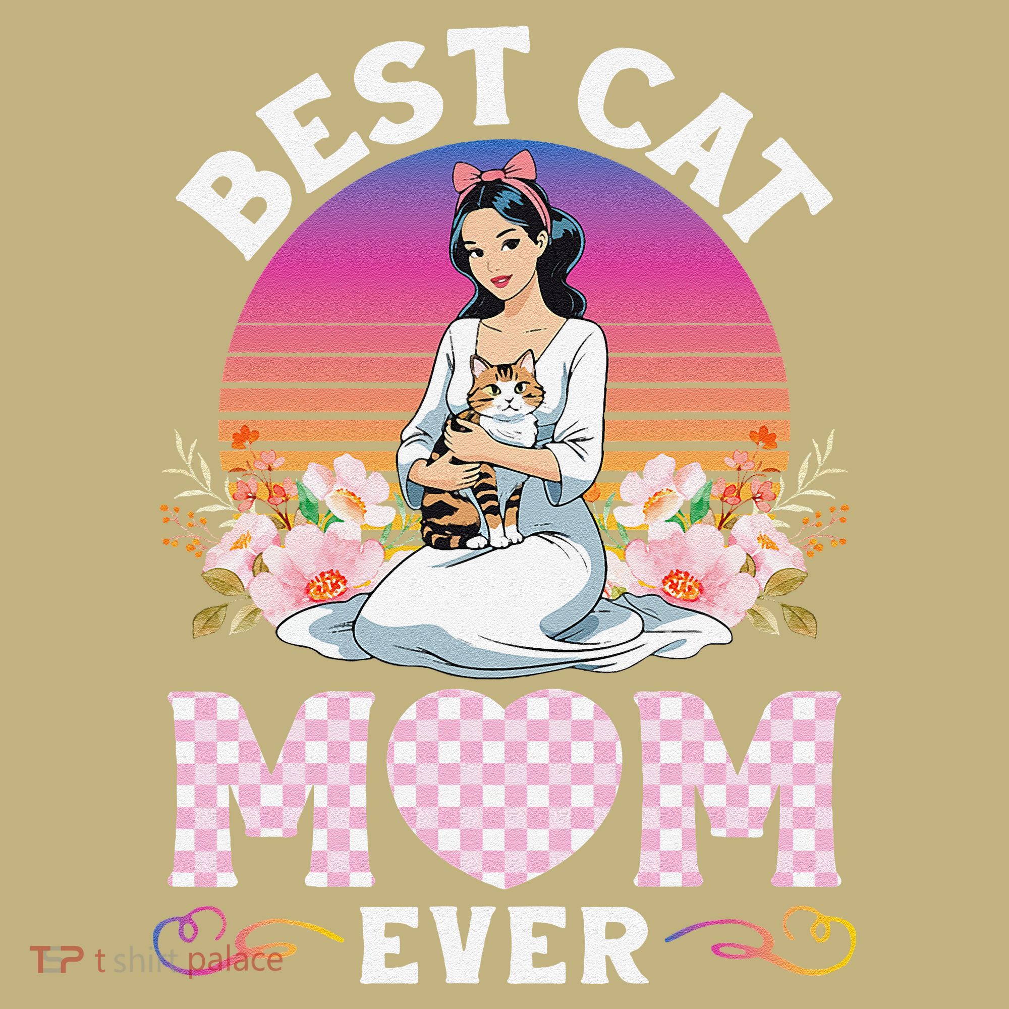 Cute Girl Hugging Oriental And Flowers Best Cat Mom Ever T-Shirt