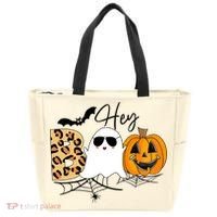 Cute Ghost Halloween Pumpkin Face Hey Boo Trendy Halloween Tote Bag thumb 0