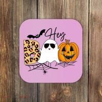 Cute Ghost Halloween Pumpkin Face Hey Boo Trendy Halloween Coaster thumb 0