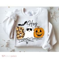 Cute Ghost Halloween Pumpkin Face Hey Boo Trendy Halloween Sweatshirt thumb 2