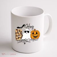 Cute Ghost Halloween Pumpkin Face Hey Boo Trendy Halloween Coffee Mug thumb 1