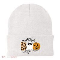 Cute Ghost Halloween Pumpkin Face Hey Boo Trendy Halloween Beanie thumb 0