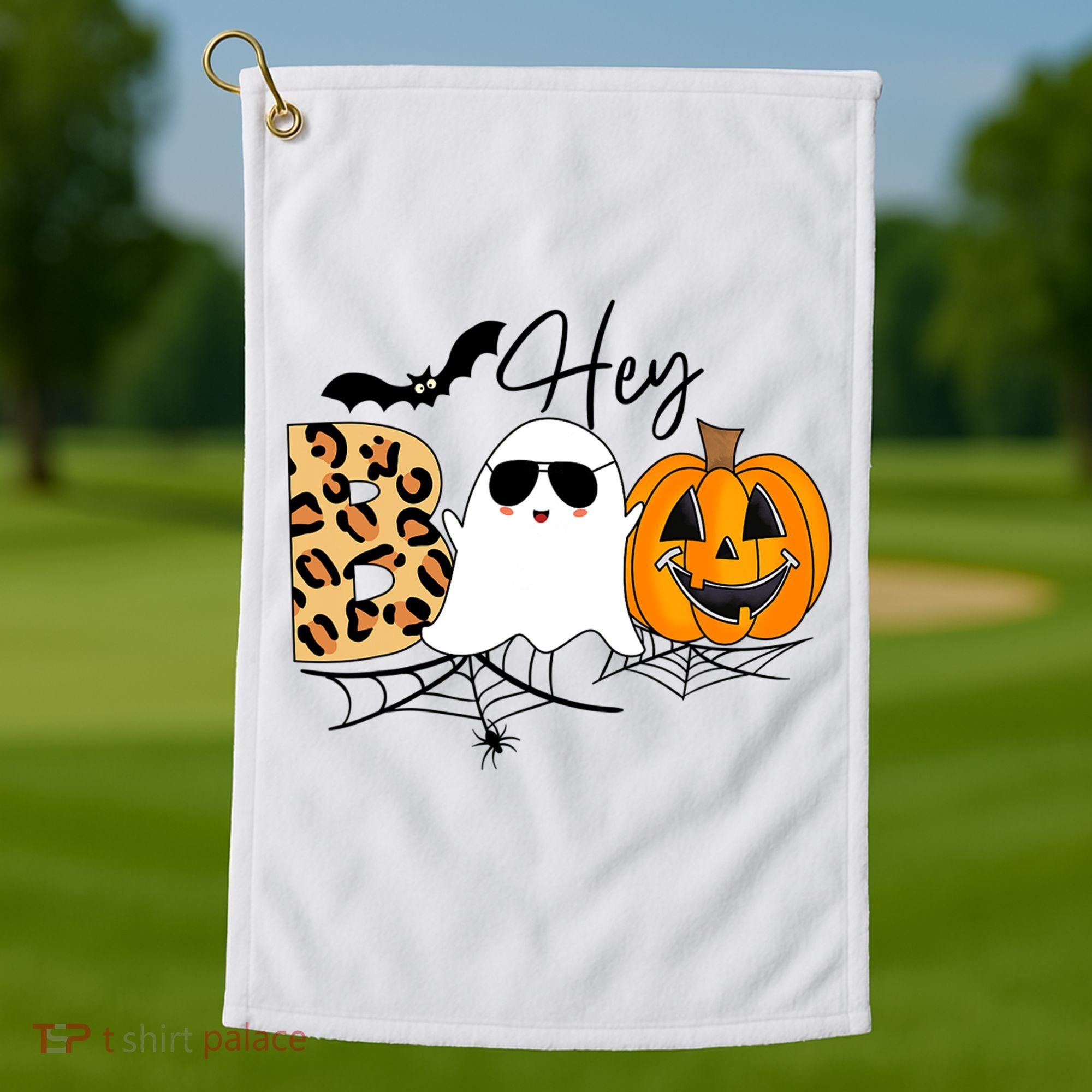 Cute Ghost Halloween Pumpkin Face Hey Boo Trendy Halloween Golf Towel
