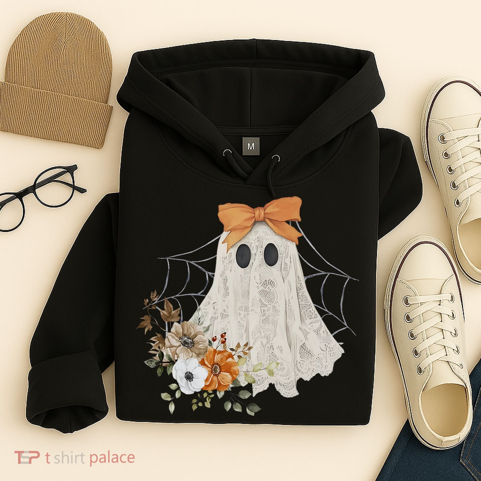 Coquette Ghost Halloween Flower Ghost Spooky Lace Ghost Hoodie