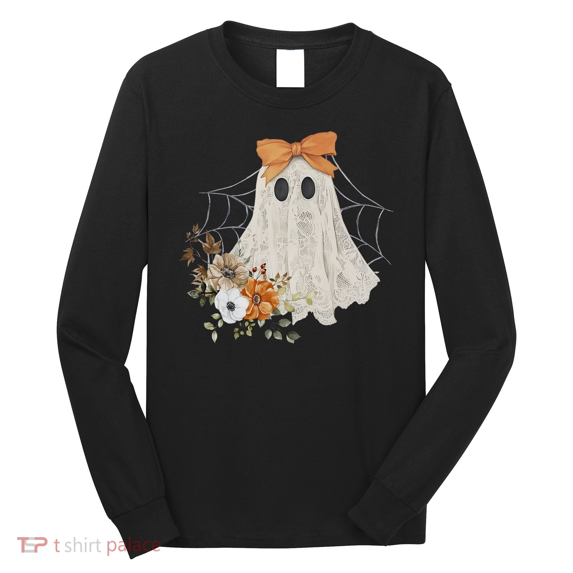 Coquette Ghost Halloween Flower Ghost Spooky Lace Ghost Long Sleeve Shirt