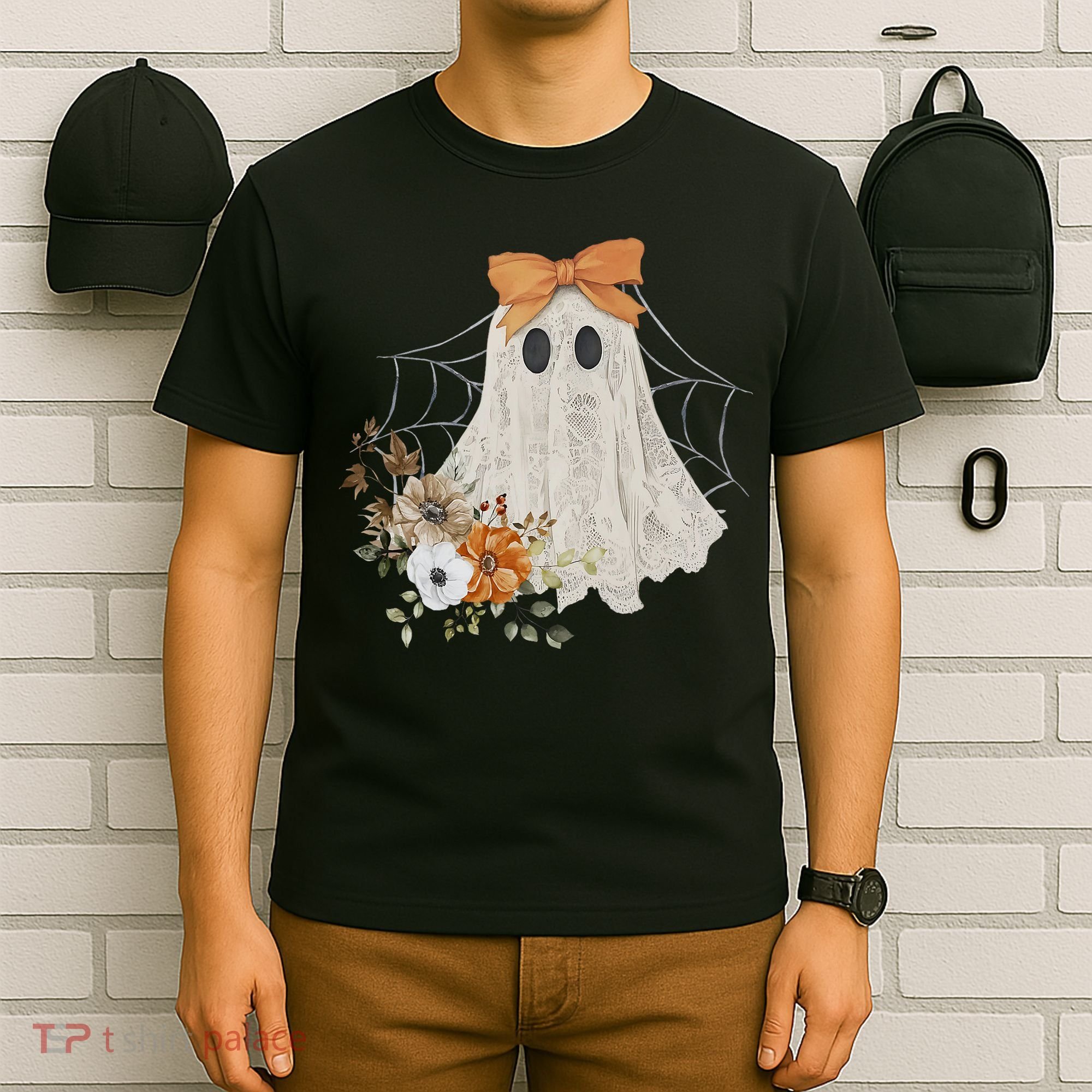 Coquette Ghost Halloween Flower Ghost Spooky Lace Ghost T-Shirt