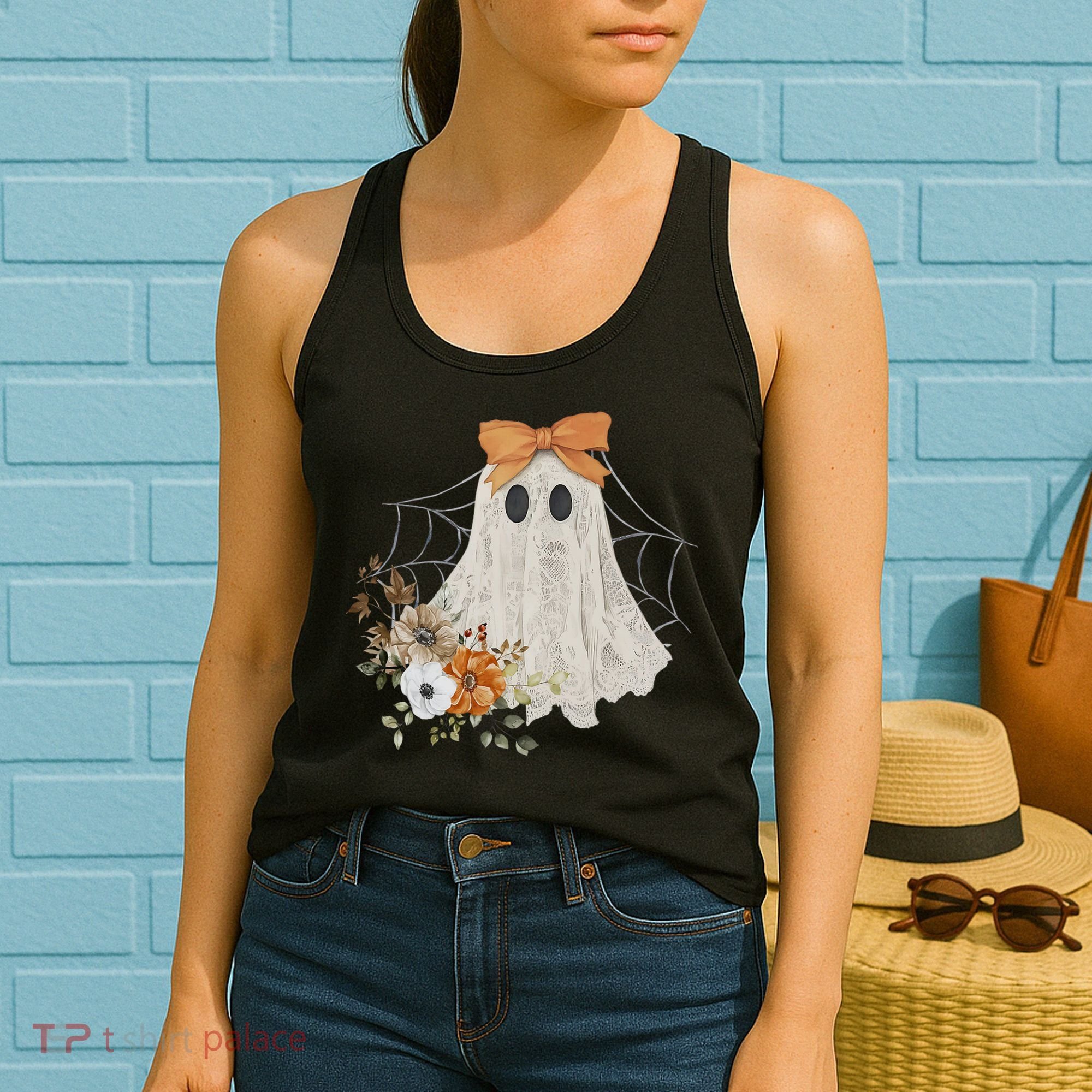 Coquette Ghost Halloween Flower Ghost Spooky Lace Ghost Women's Tank Top