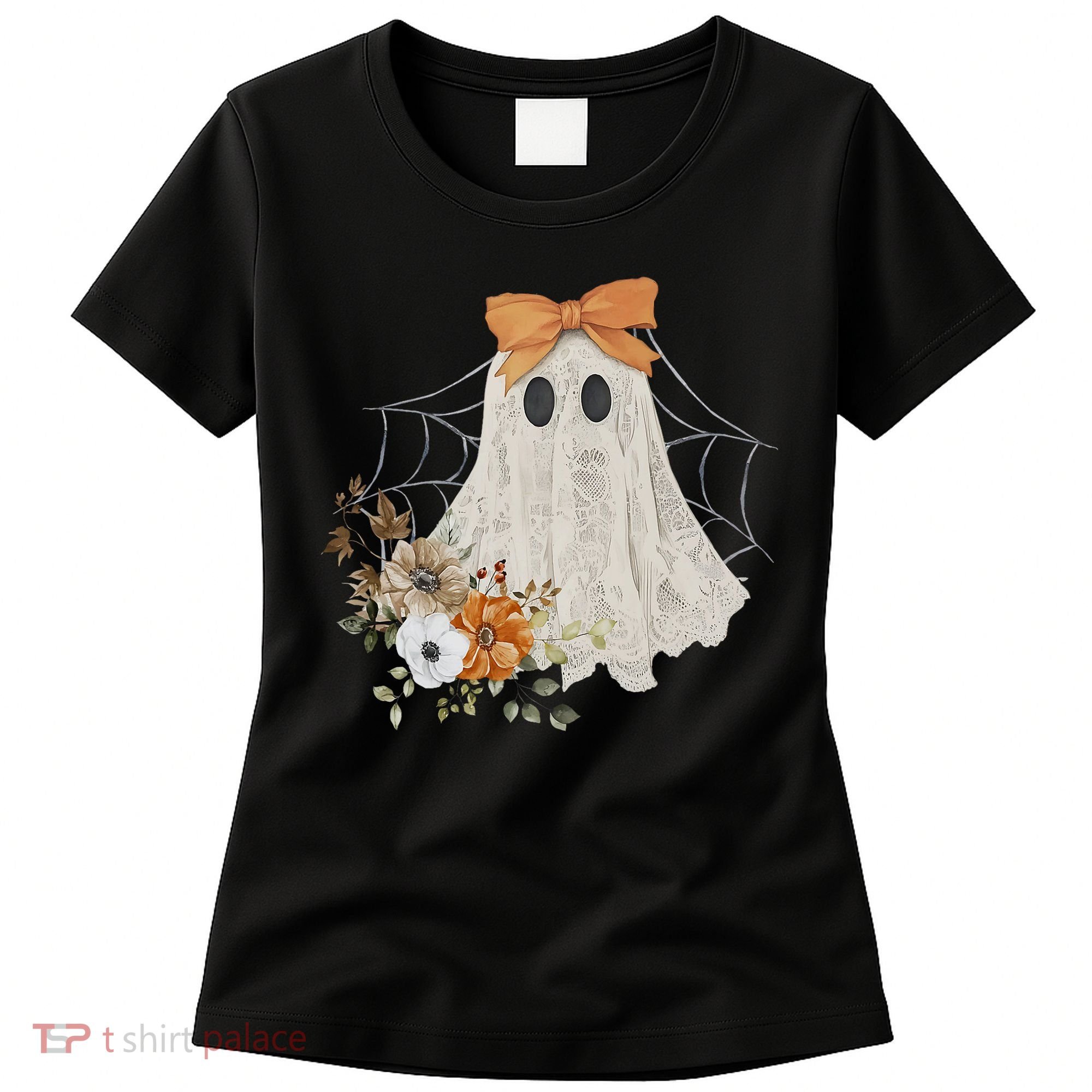 Coquette Ghost Halloween Flower Ghost Spooky Lace Ghost Women's T-Shirt