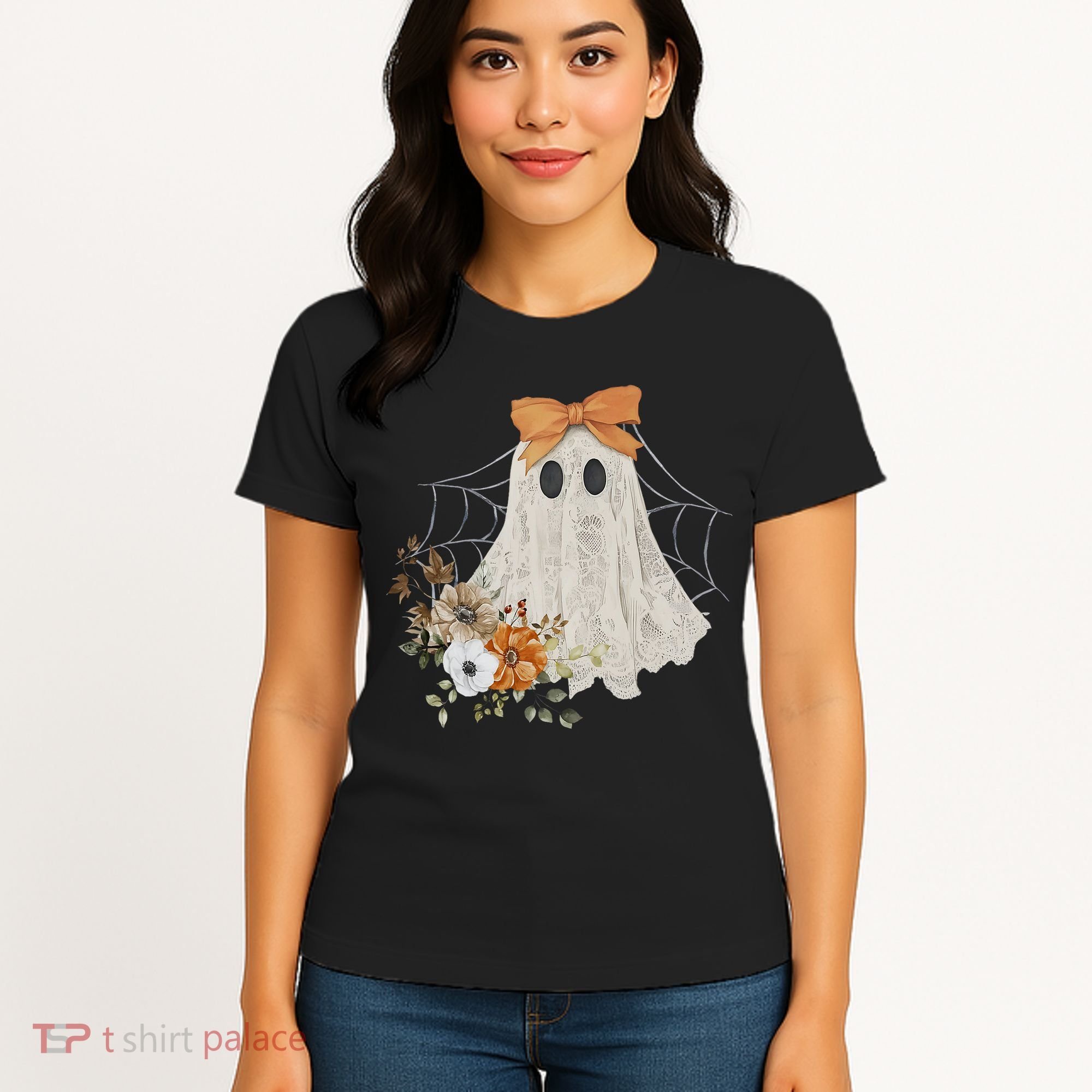 Coquette Ghost Halloween Flower Ghost Spooky Lace Ghost Women's T-Shirt