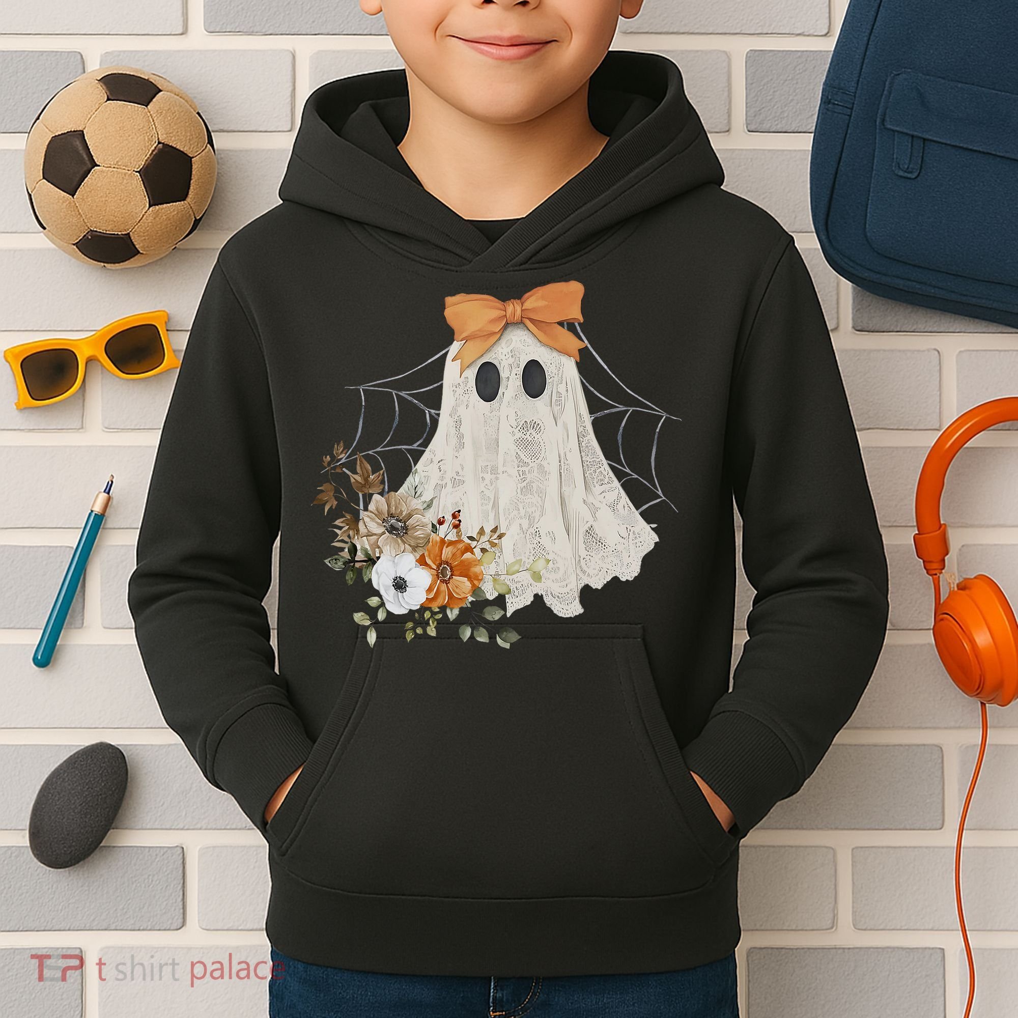 Coquette Ghost Halloween Flower Ghost Spooky Lace Ghost Kids Hoodie