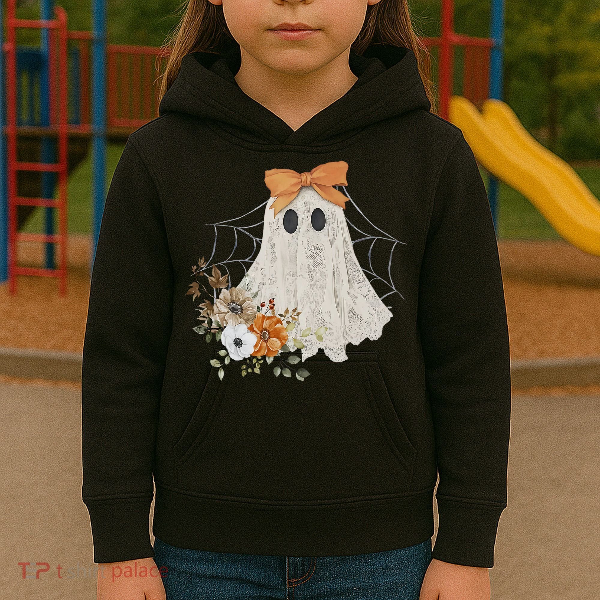 Coquette Ghost Halloween Flower Ghost Spooky Lace Ghost Kids Hoodie