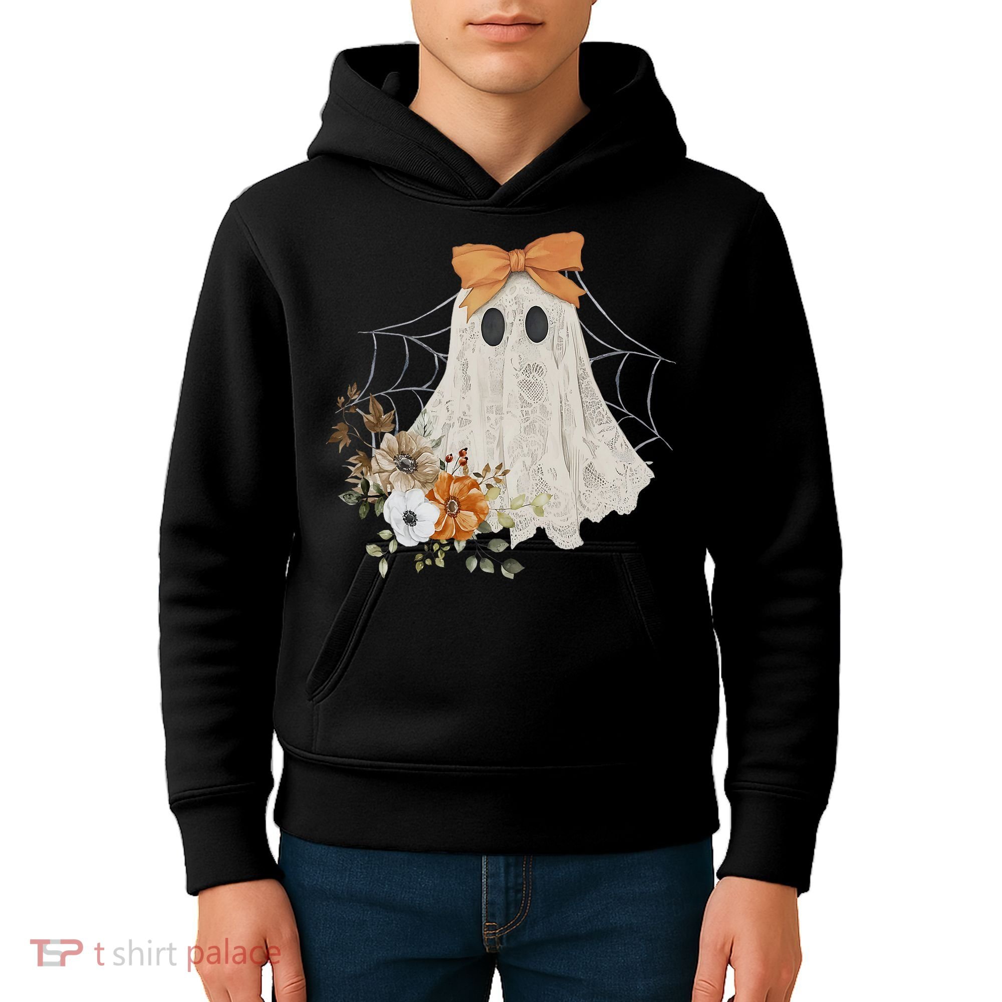 Coquette Ghost Halloween Flower Ghost Spooky Lace Ghost Kids Hoodie