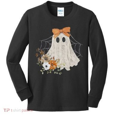 Coquette Ghost Halloween Flower Ghost Spooky Lace Ghost Kids Long Sleeve Shirt