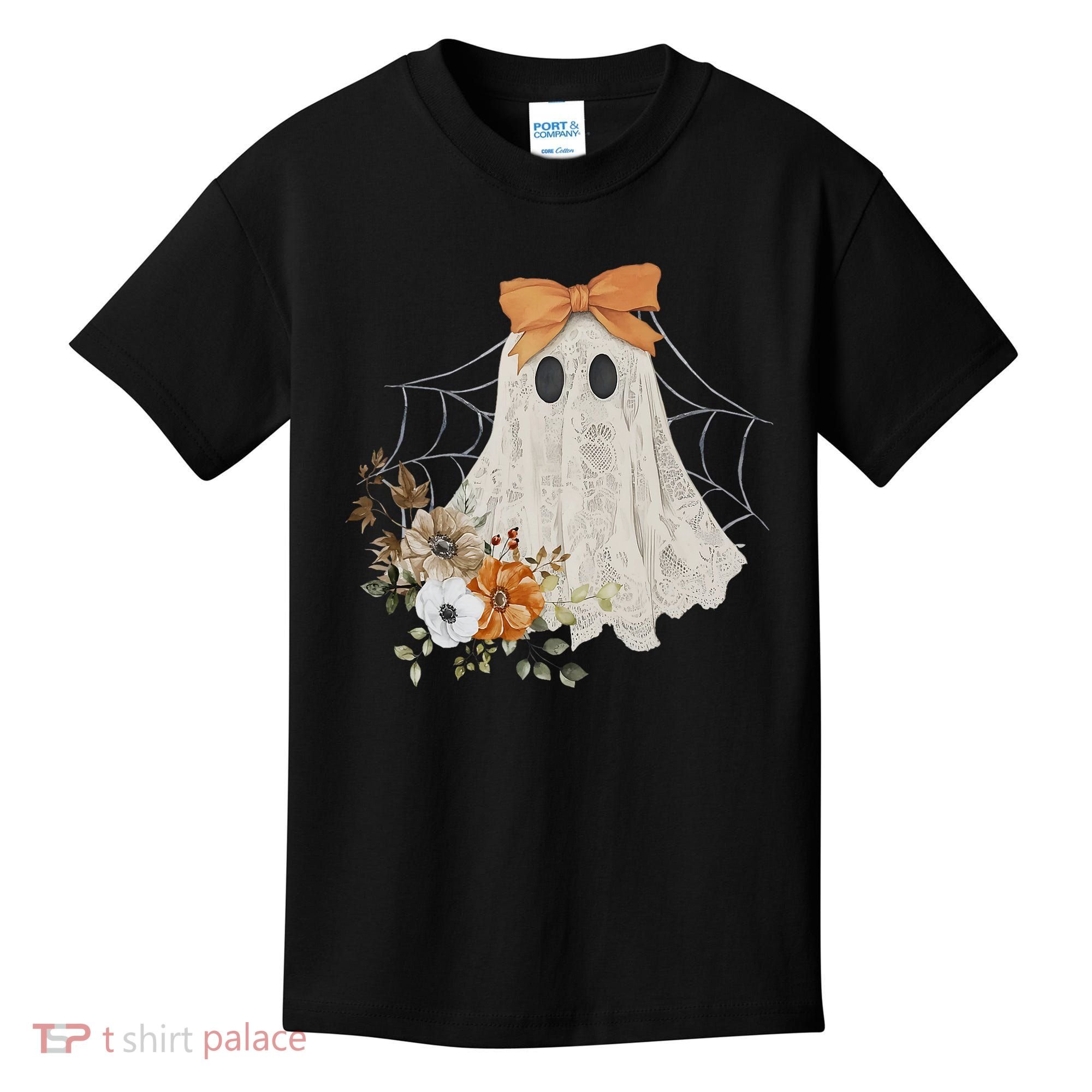 Coquette Ghost Halloween Flower Ghost Spooky Lace Ghost Kids T-Shirt