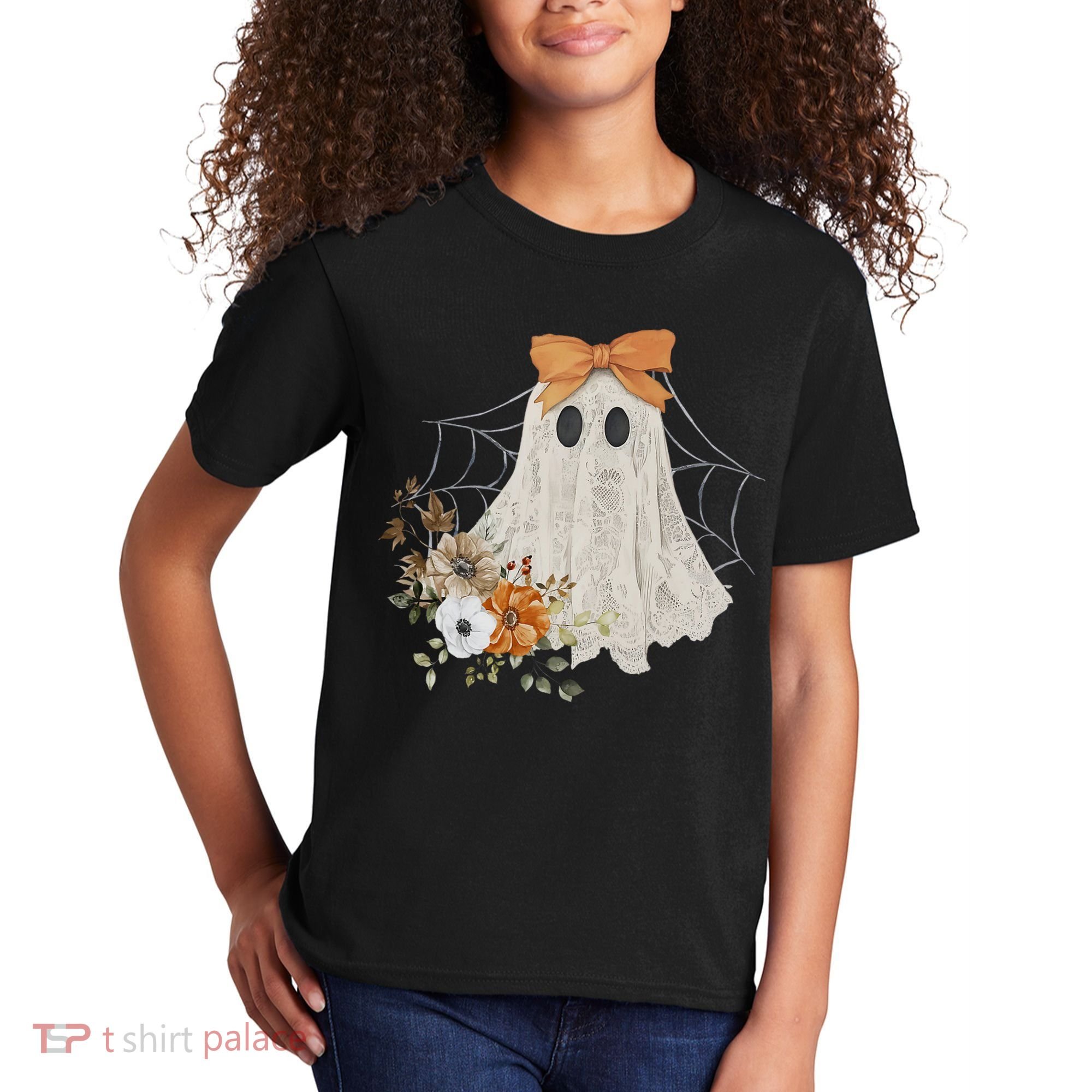 Coquette Ghost Halloween Flower Ghost Spooky Lace Ghost Kids T-Shirt