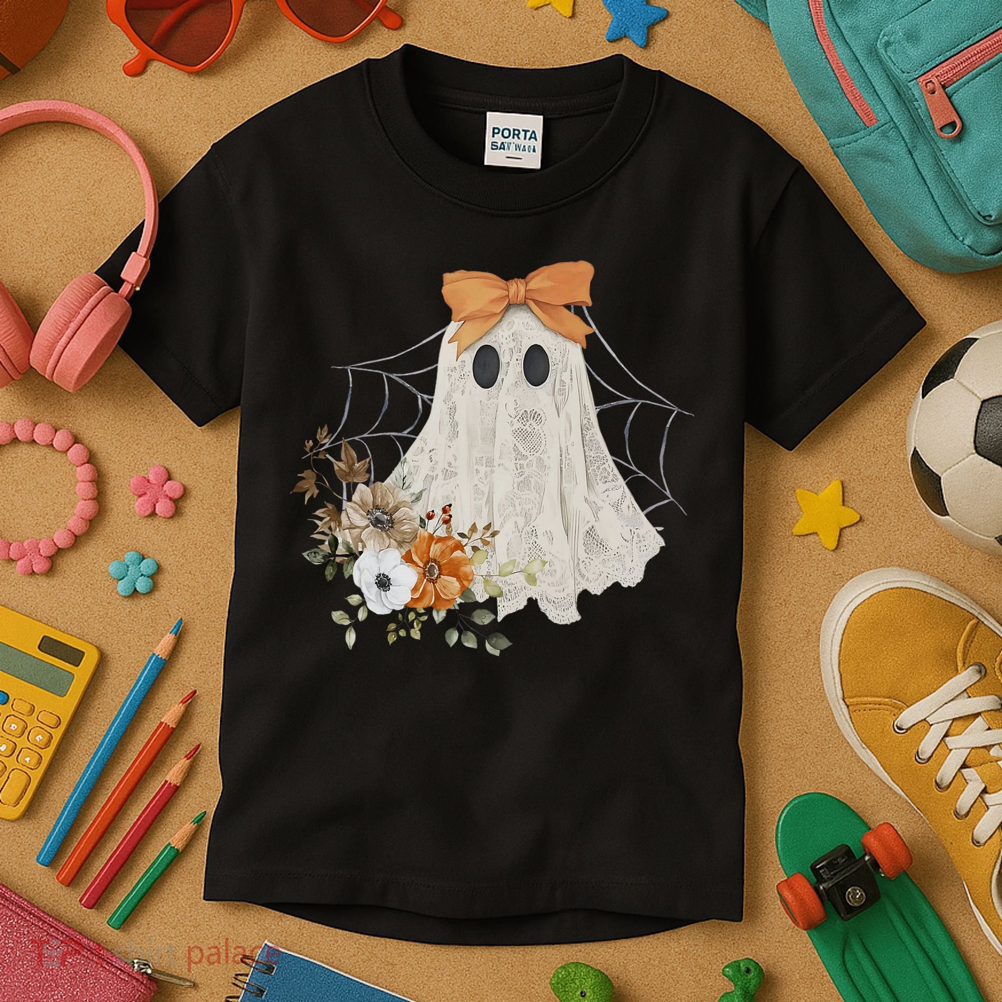 Coquette Ghost Halloween Flower Ghost Spooky Lace Ghost Kids T-Shirt