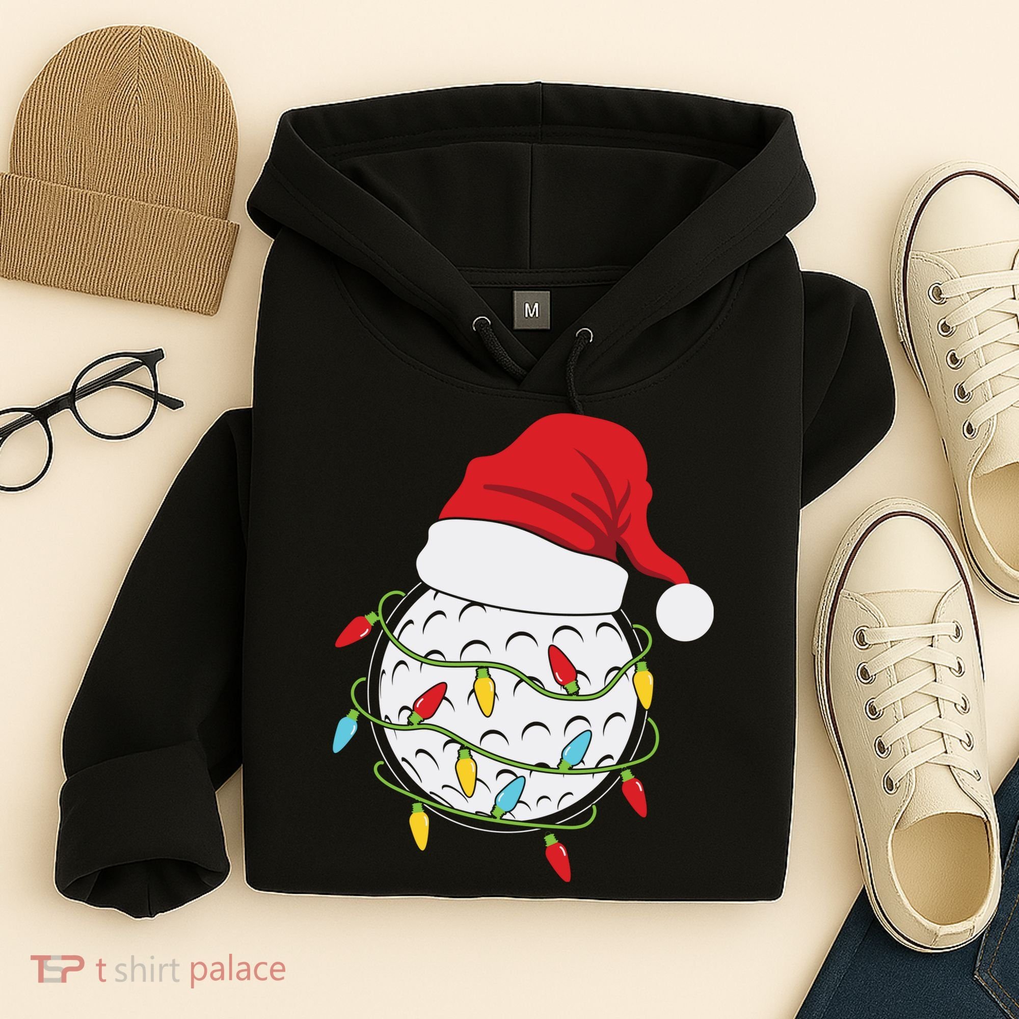 Christmas Golf Lights Santa Hat Funny Xmas Holiday Hoodie