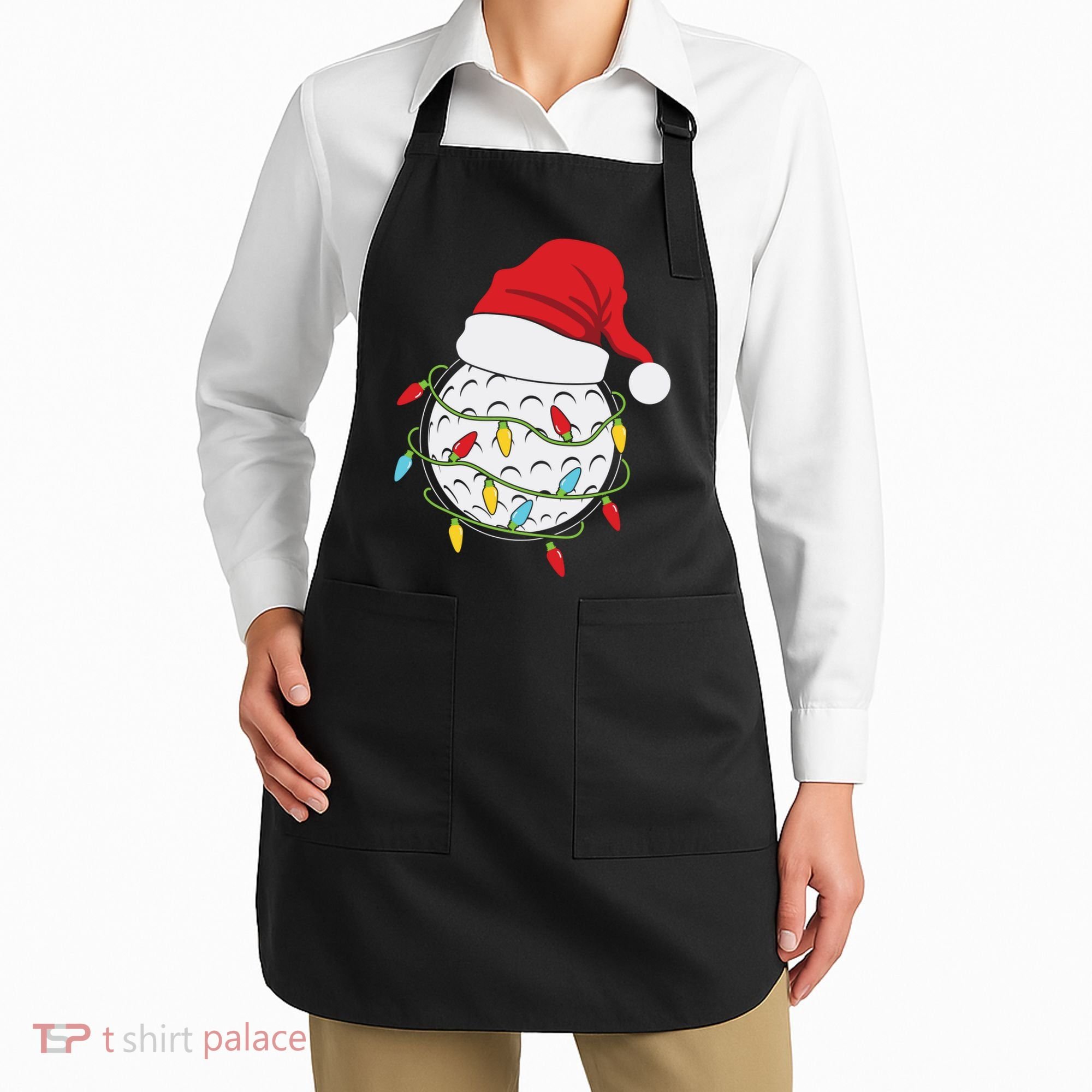 Christmas Golf Lights Santa Hat Funny Xmas Holiday Apron