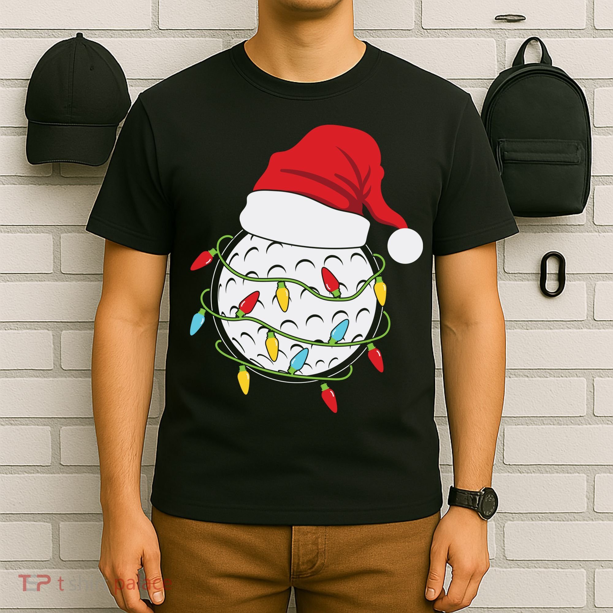 Christmas Golf Lights Santa Hat Funny Xmas Holiday T-Shirt