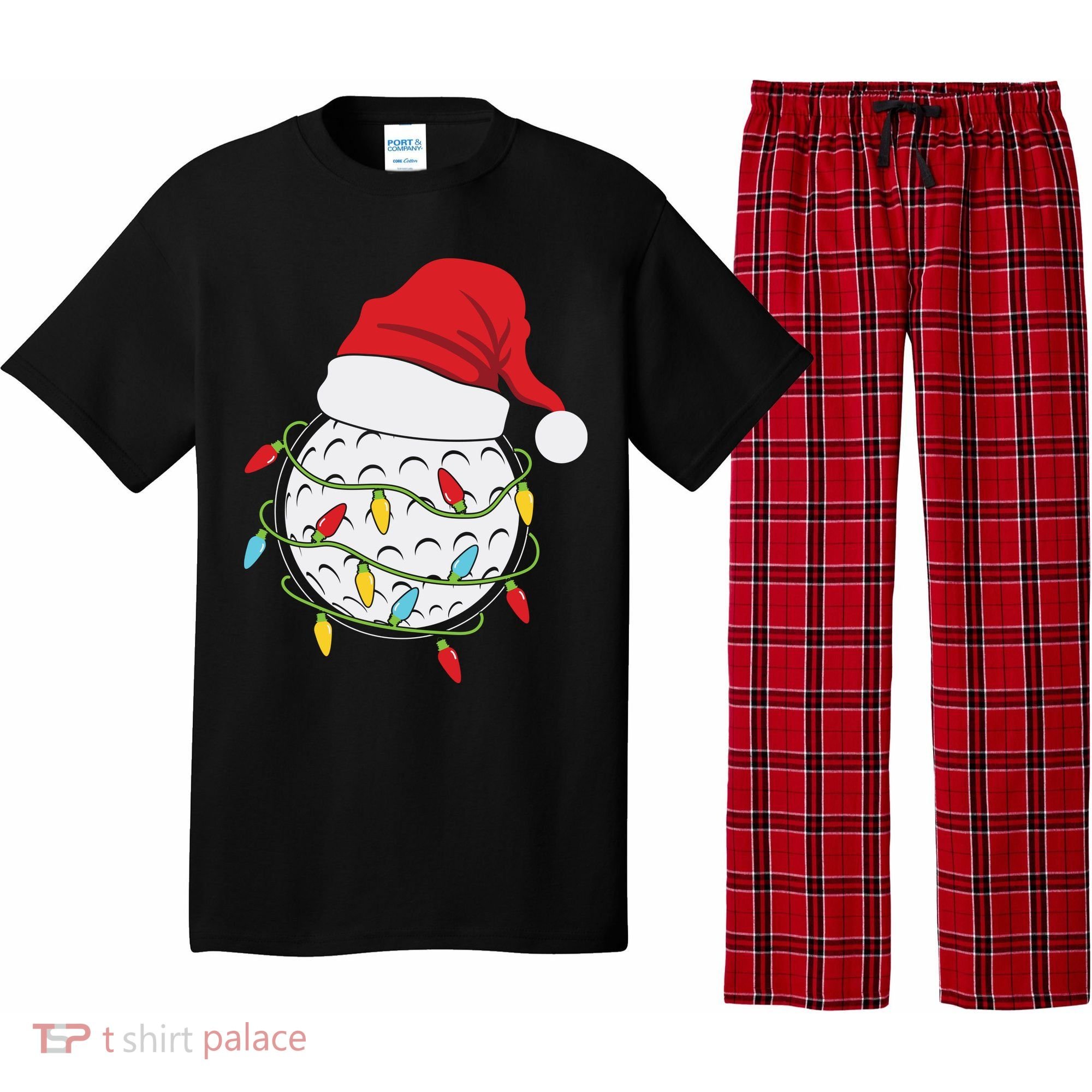 Christmas Golf Lights Santa Hat Funny Xmas Holiday Pajama Set