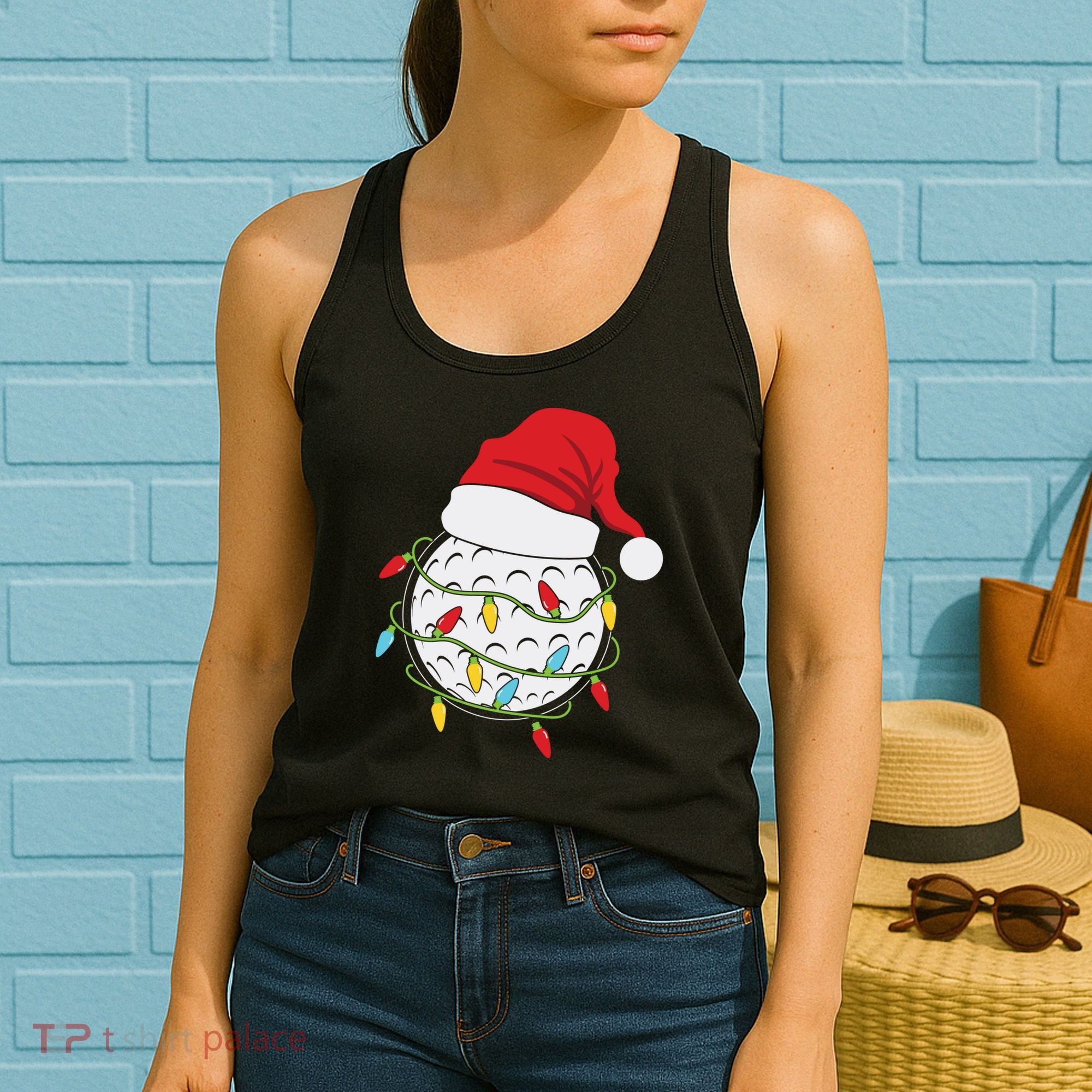 Christmas Golf Lights Santa Hat Funny Xmas Holiday Women's Tank Top