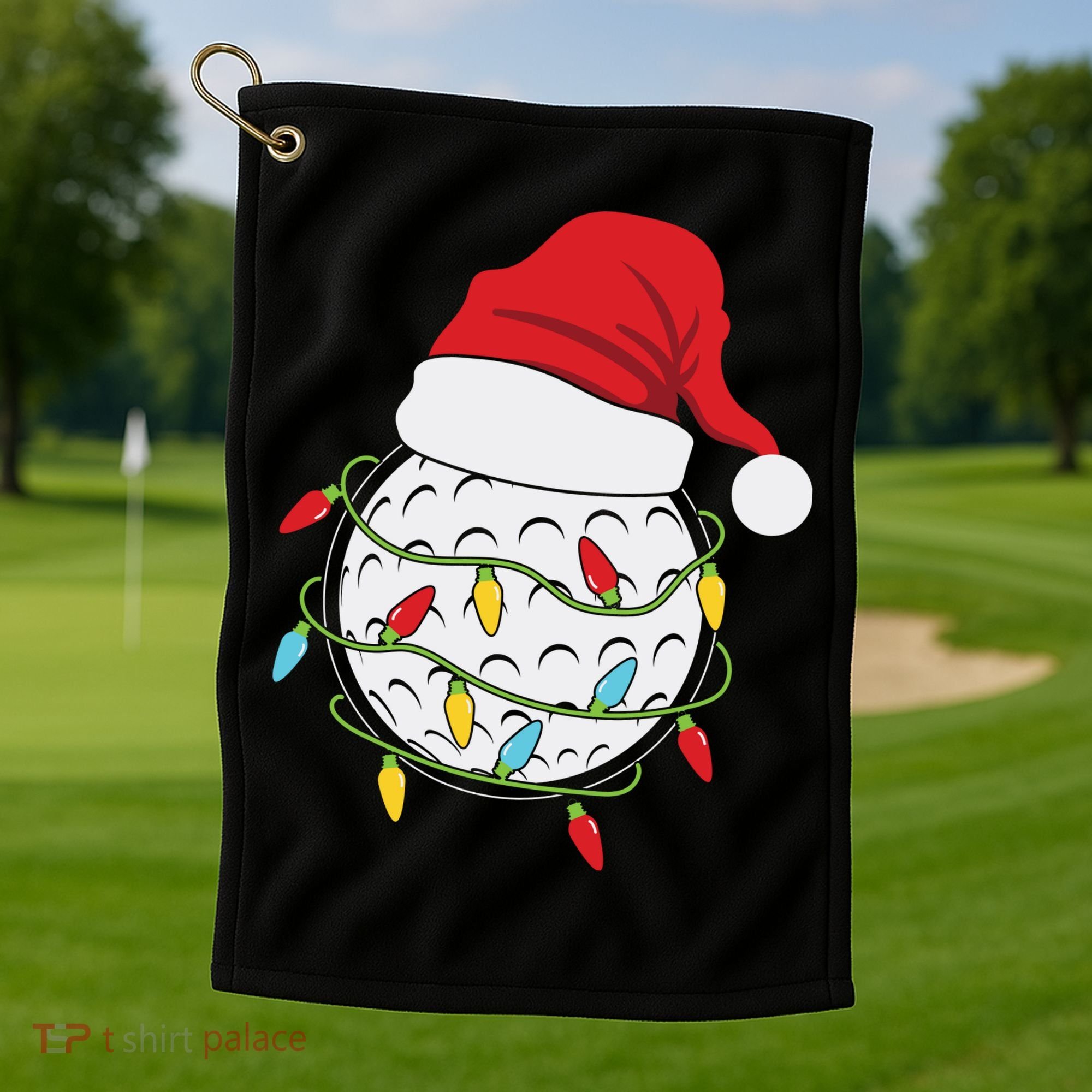 Christmas Golf Lights Santa Hat Funny Xmas Holiday Golf Towel