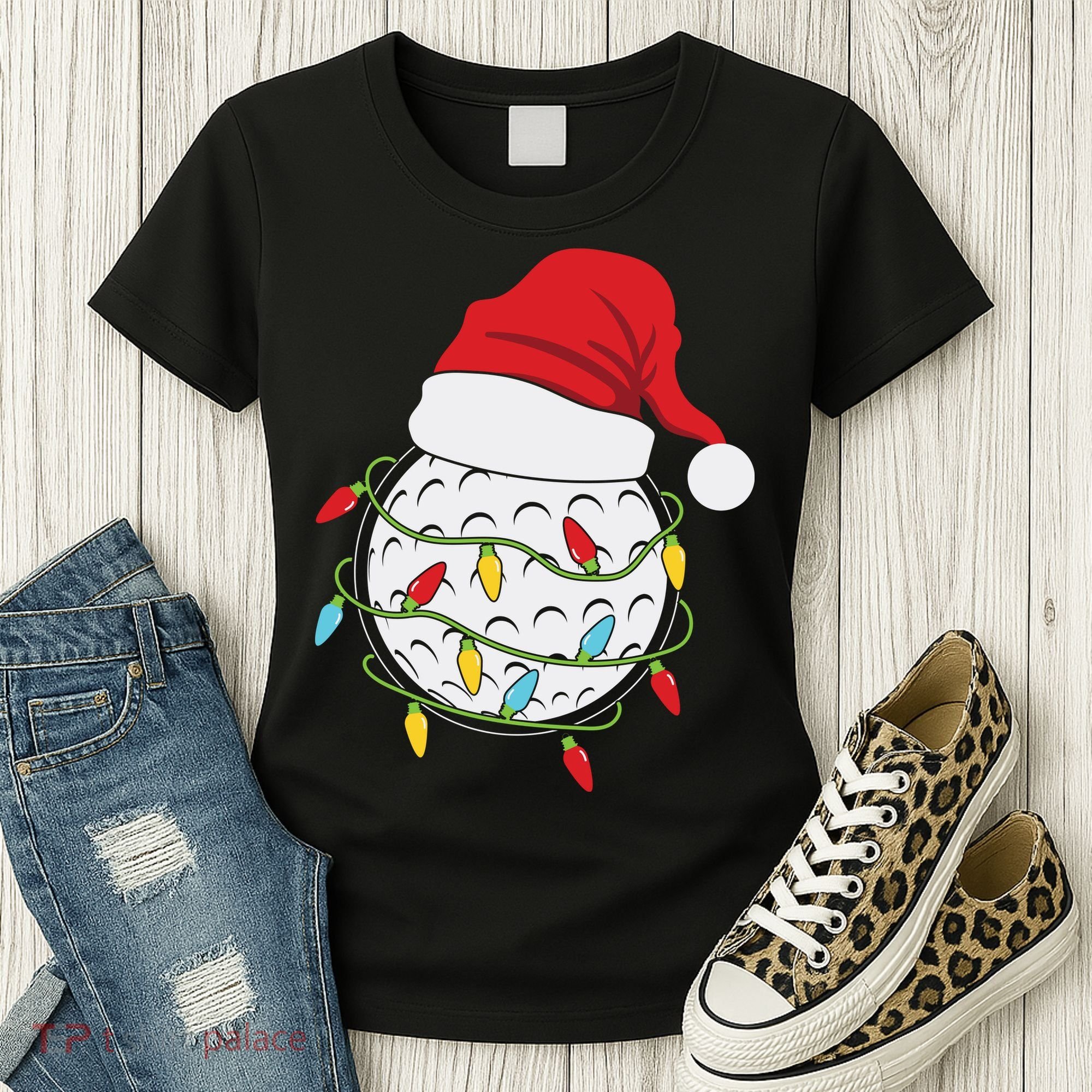 Christmas Golf Lights Santa Hat Funny Xmas Holiday Women's T-Shirt