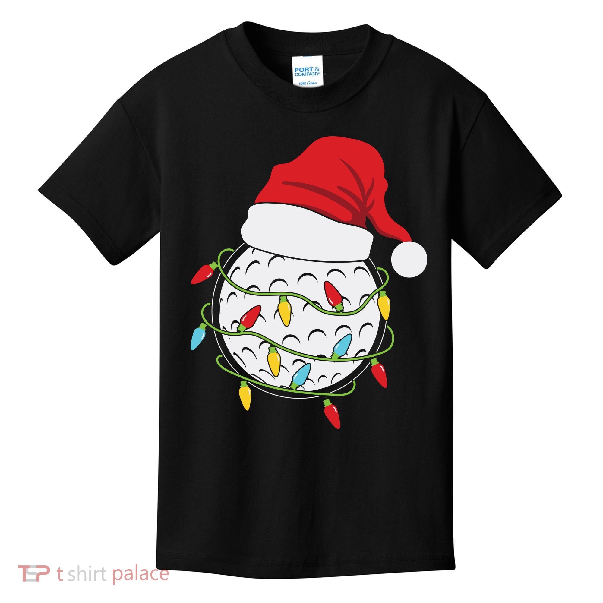 Christmas Golf Lights Santa Hat Funny Xmas Holiday Kids T-Shirt