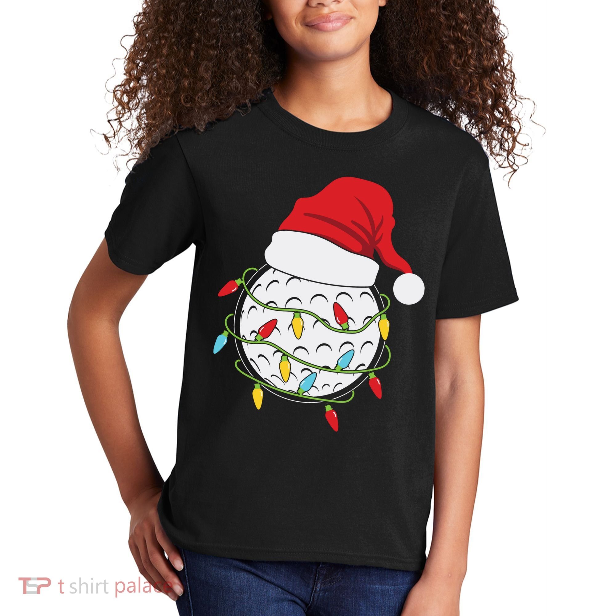 Christmas Golf Lights Santa Hat Funny Xmas Holiday Kids T-Shirt