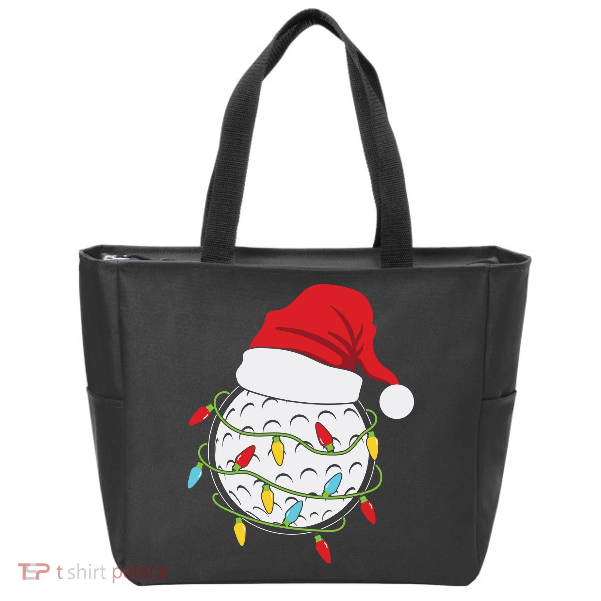 Christmas Golf Lights Santa Hat Funny Xmas Holiday Tote Bag