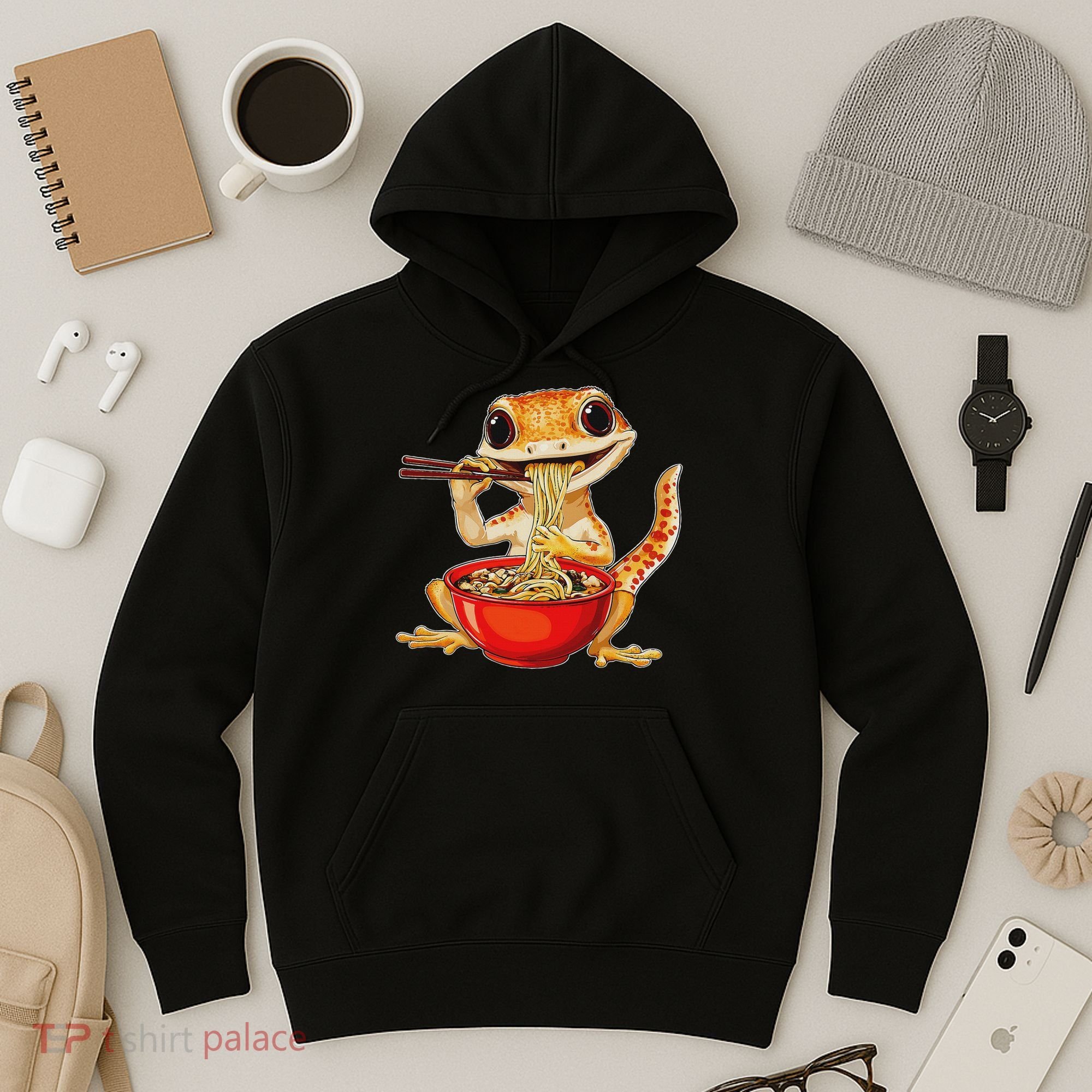 Crested Gecko Lizard Ramen Noodles Bowl Gift And Black Mediu Hoodie