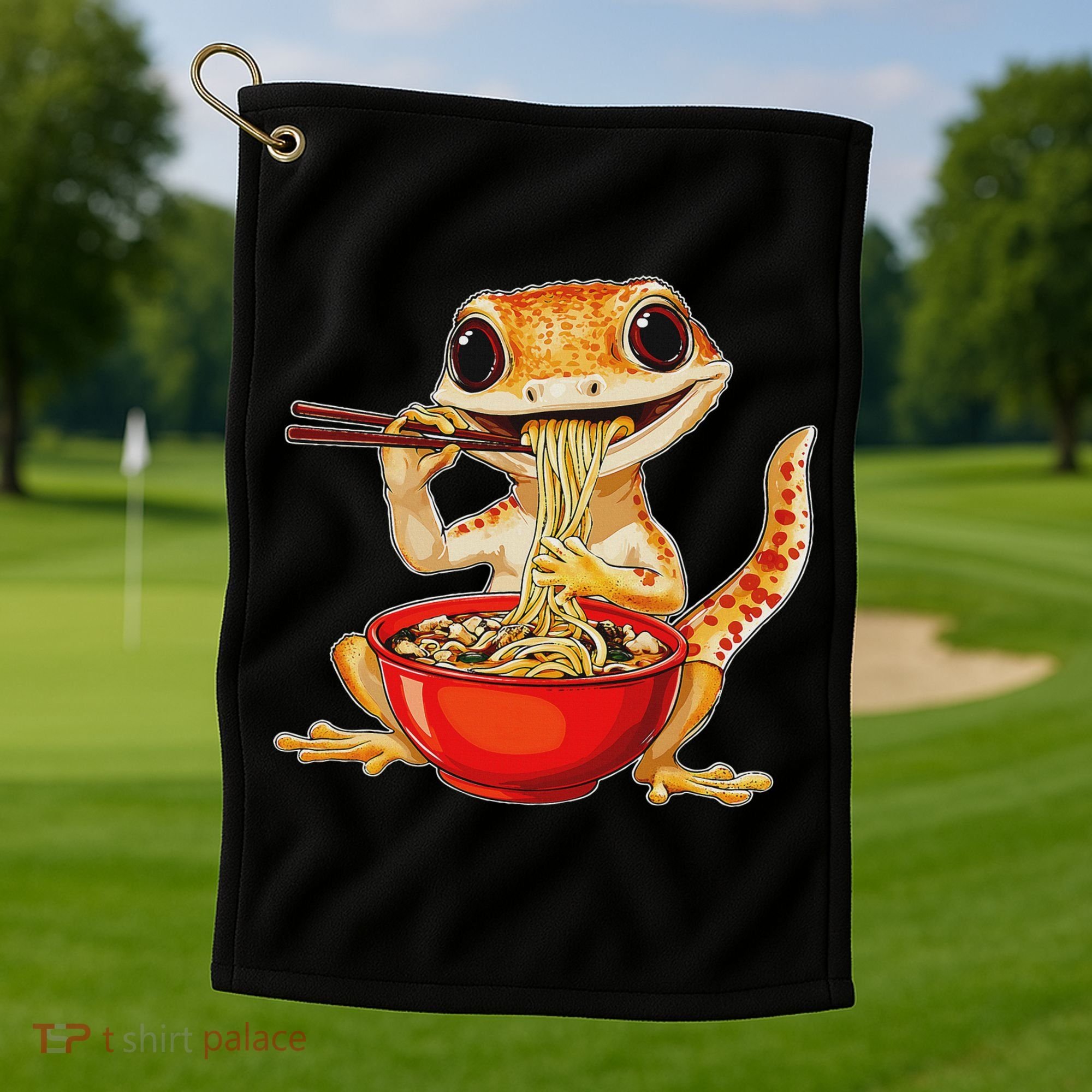Crested Gecko Lizard Ramen Noodles Bowl Gift And Black Mediu Golf Towel