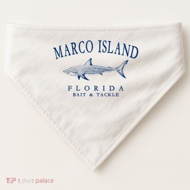 Cute Gift Marco Island Florida Shark Retro Arched Navy Blue Letters  USA-Made Doggie Bandana