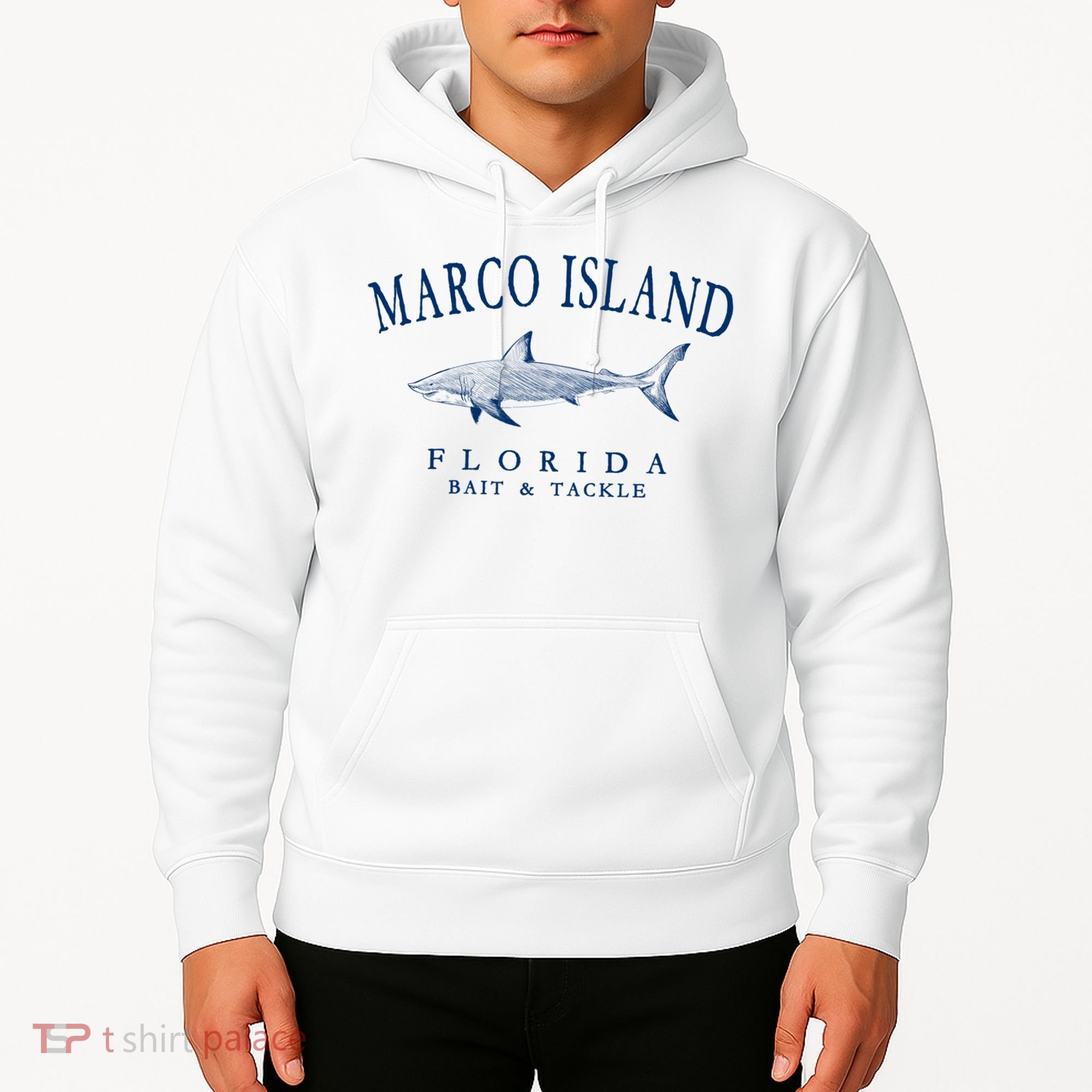 Cute Gift Marco Island Florida Shark Retro Arched Navy Blue Letters  Hoodie