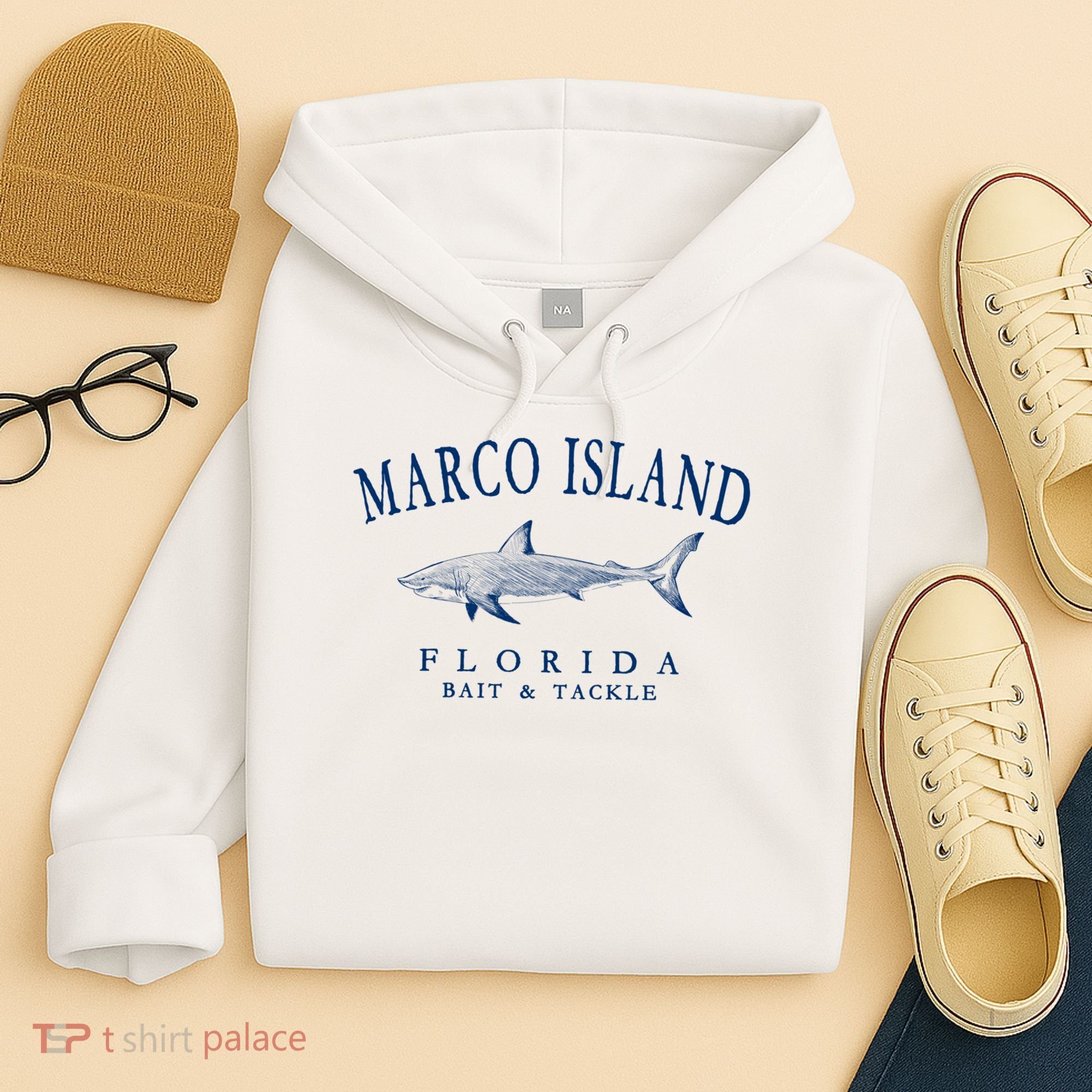 Cute Gift Marco Island Florida Shark Retro Arched Navy Blue Letters  Hoodie
