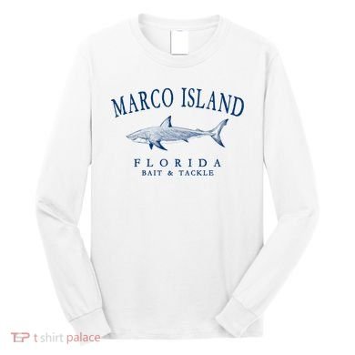 Cute Gift Marco Island Florida Shark Retro Arched Navy Blue Letters  Long Sleeve Shirt