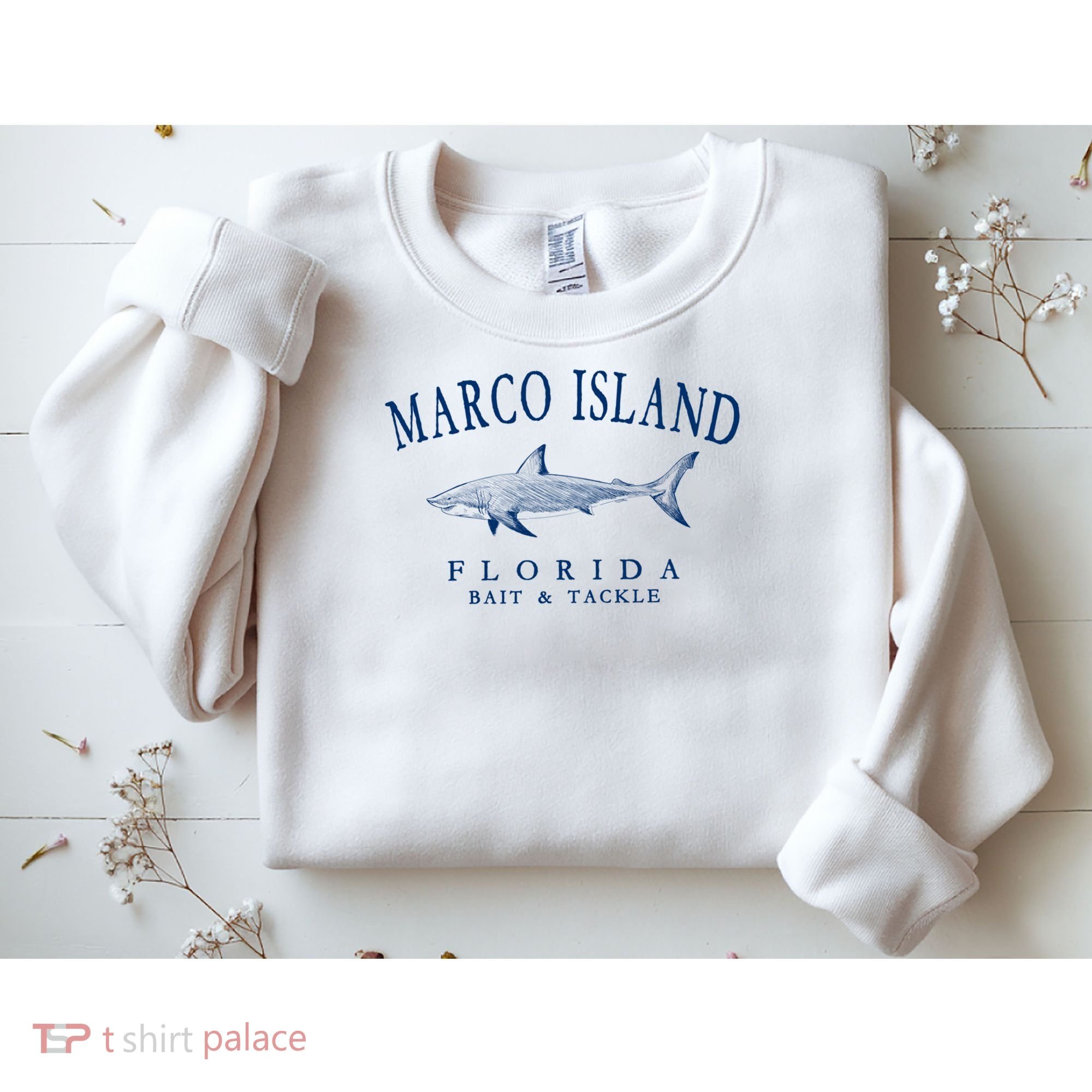 Cute Gift Marco Island Florida Shark Retro Arched Navy Blue Letters  Sweatshirt