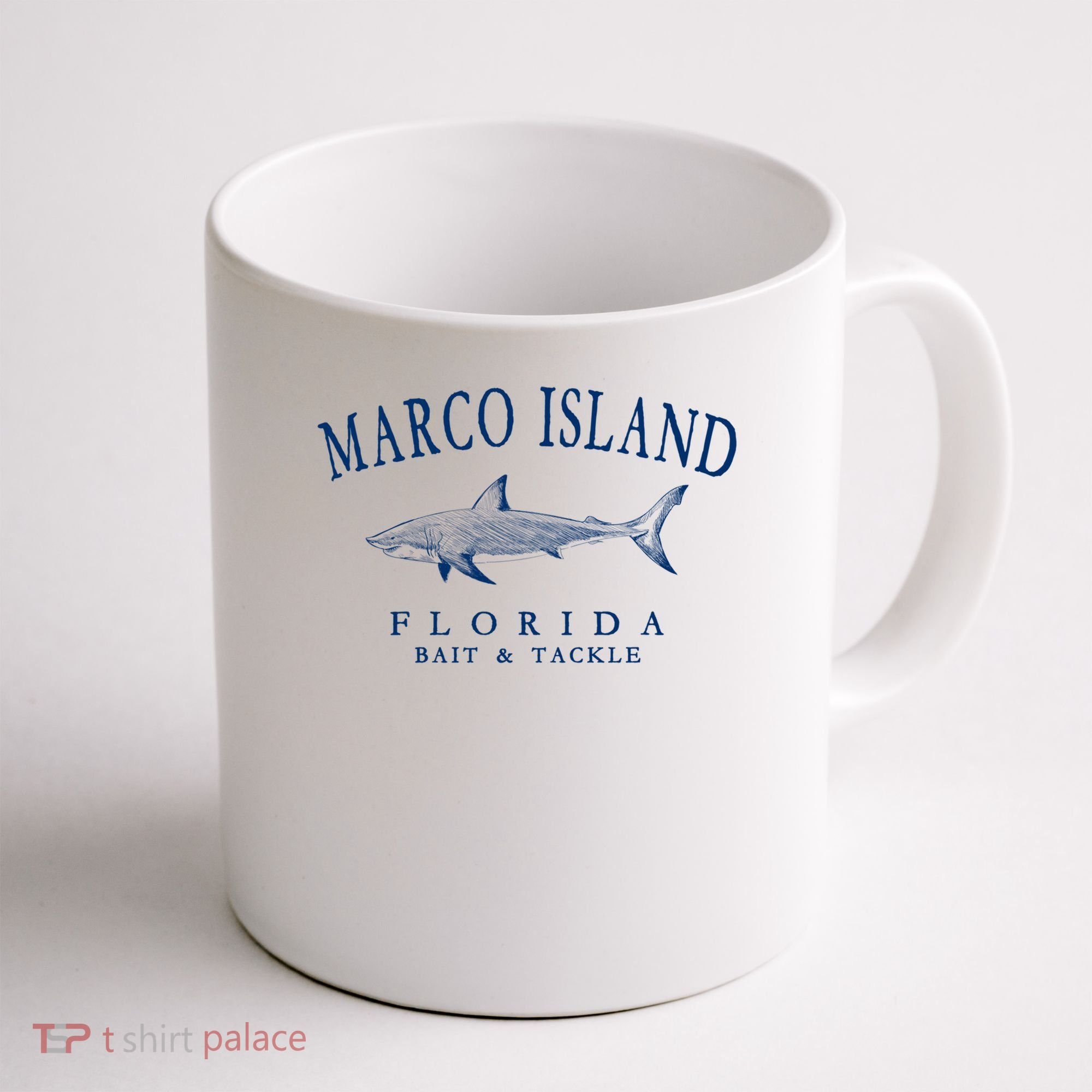Cute Gift Marco Island Florida Shark Retro Arched Navy Blue Letters  Coffee Mug