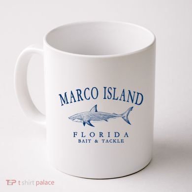 Cute Gift Marco Island Florida Shark Retro Arched Navy Blue Letters  Coffee Mug