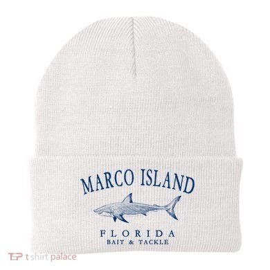 Cute Gift Marco Island Florida Shark Retro Arched Navy Blue Letters  Beanie