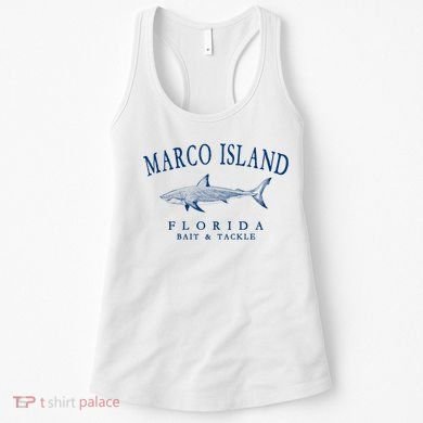 Cute Gift Marco Island Florida Shark Retro Arched Navy Blue Letters  Women's Tank Top