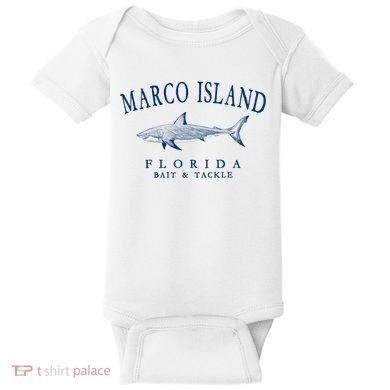 Cute Gift Marco Island Florida Shark Retro Arched Navy Blue Letters  Baby Bodysuit