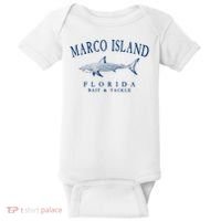 Cute Gift Marco Island Florida Shark Retro Arched Navy Blue Letters  Baby Bodysuit thumb 0