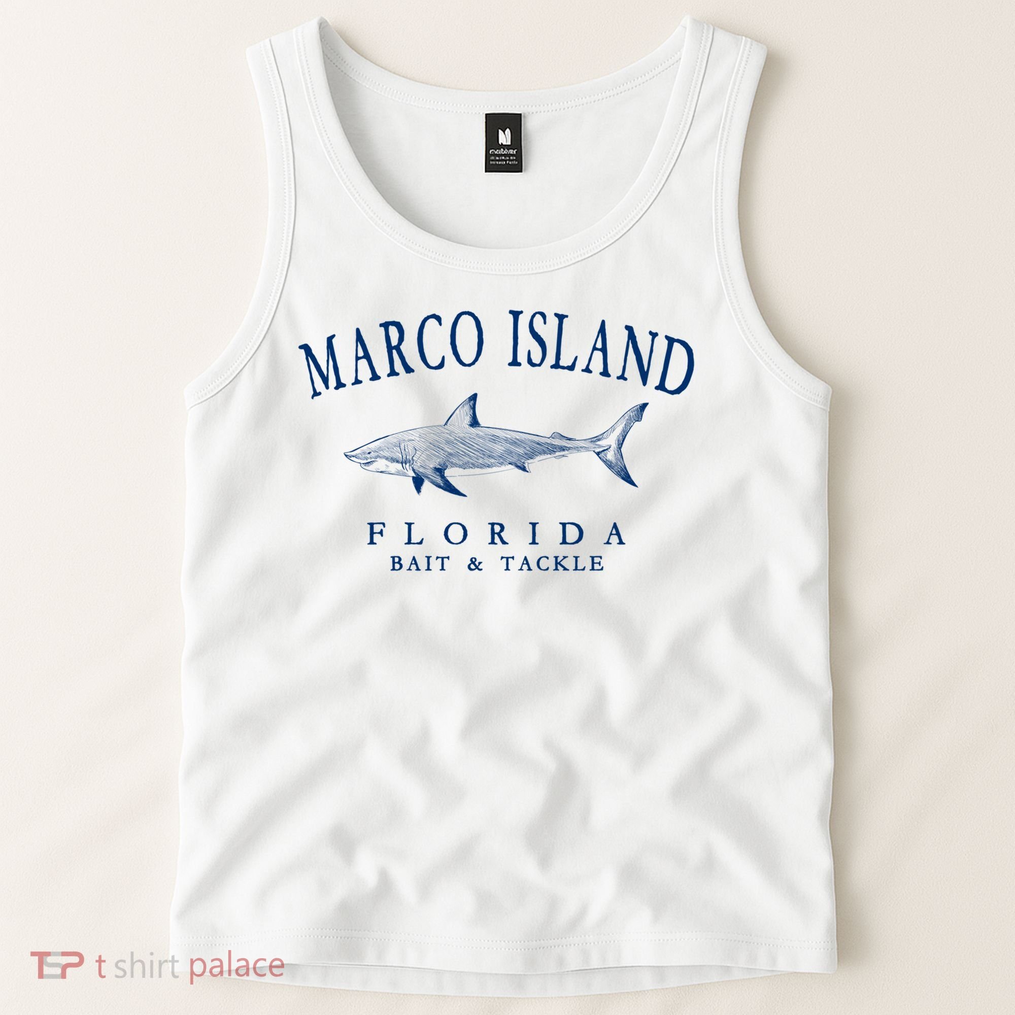 Cute Gift Marco Island Florida Shark Retro Arched Navy Blue Letters  Tank Top