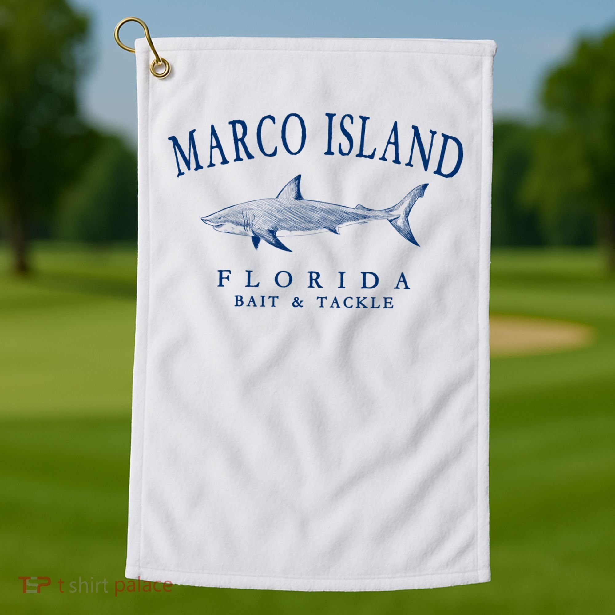 Cute Gift Marco Island Florida Shark Retro Arched Navy Blue Letters  Golf Towel